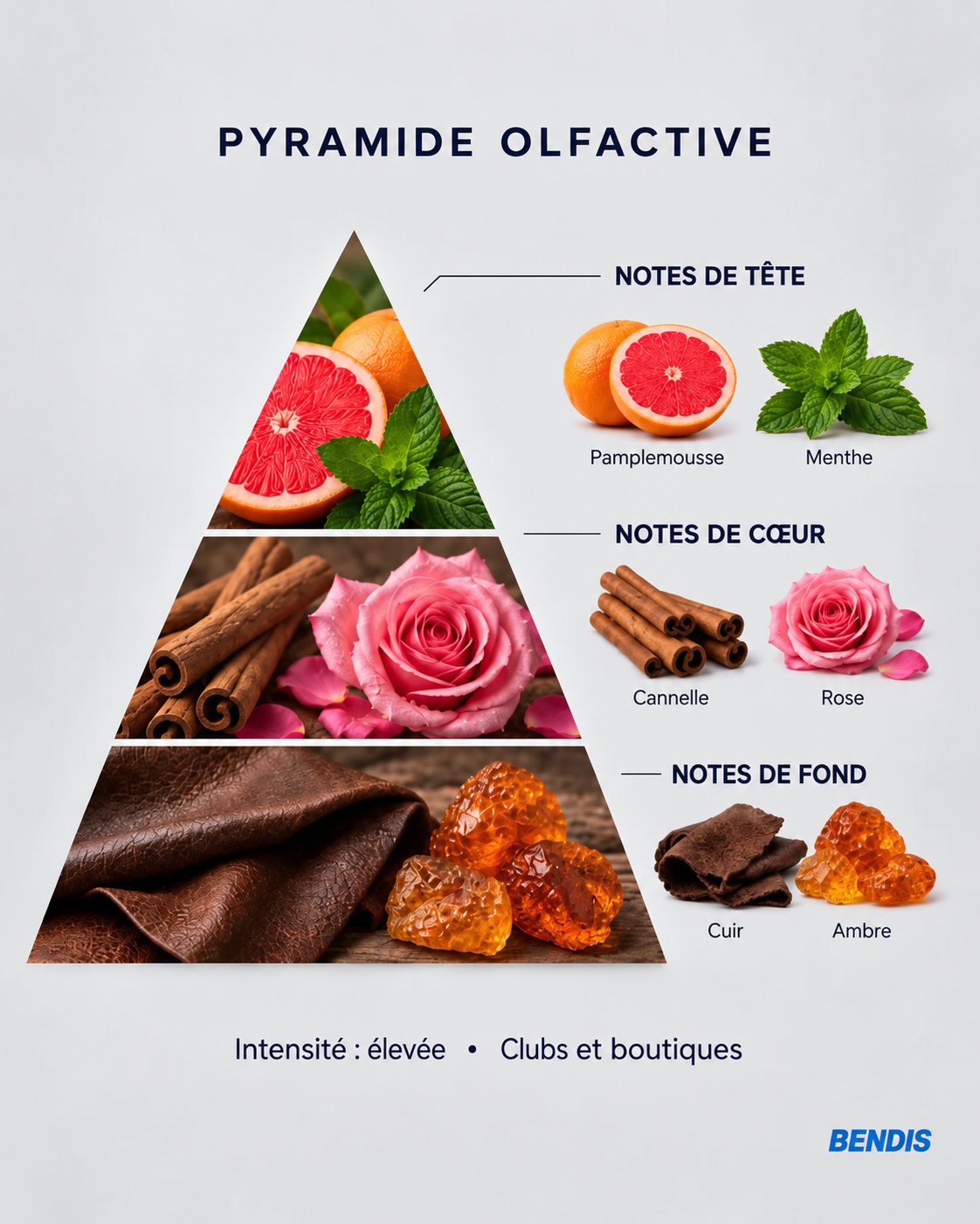 Pyramide olfactive du parfum BENDIS Nº19 boisé épicé sucré : notes de tête pamplemousse et menthe, notes de cœur cannelle et rose, notes de fond cuir et ambre