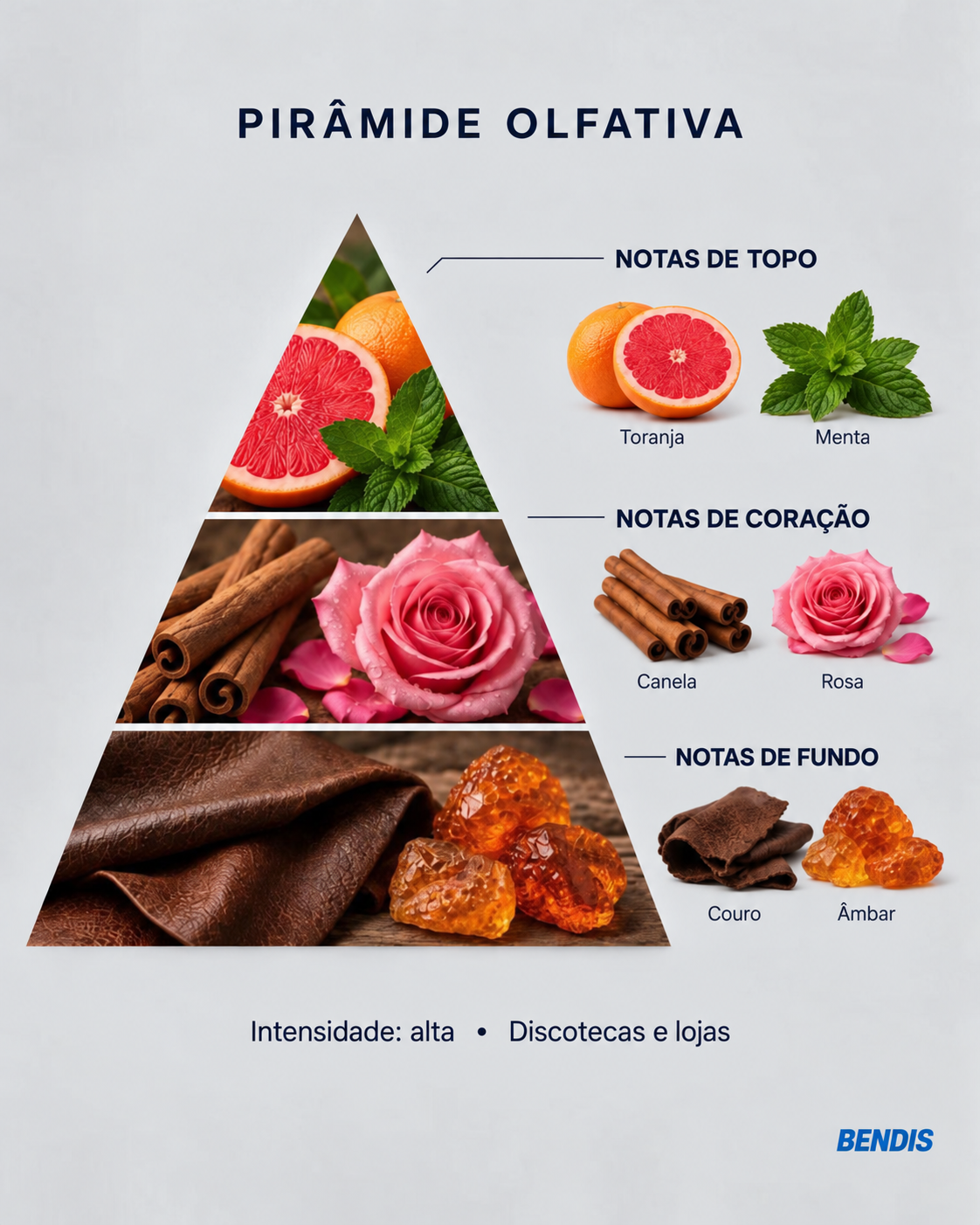 Pyramide olfactive du parfum BENDIS Nº19 boisé épicé sucré : notes de tête pamplemousse et menthe, notes de cœur cannelle et rose, notes de fond cuir et ambre
