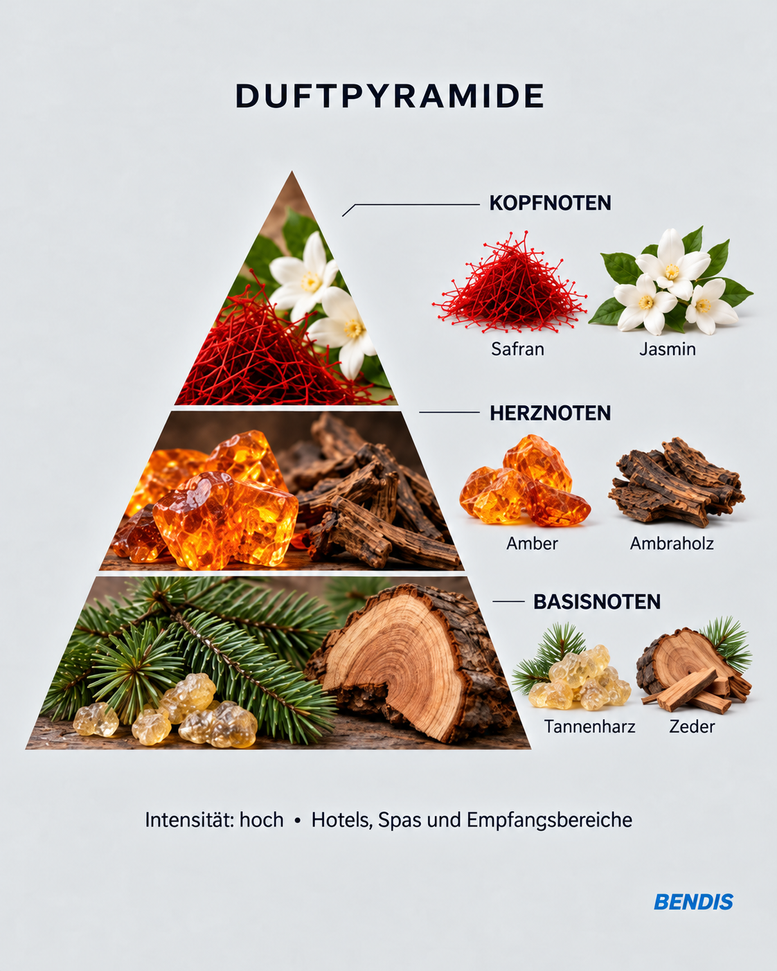 Pyramide olfactive du parfum BENDIS Nº22 boisé sucré : notes de tête safran et jasmin, notes de cœur ambre et bois ambré, notes de fond résine de sapin et cèdre