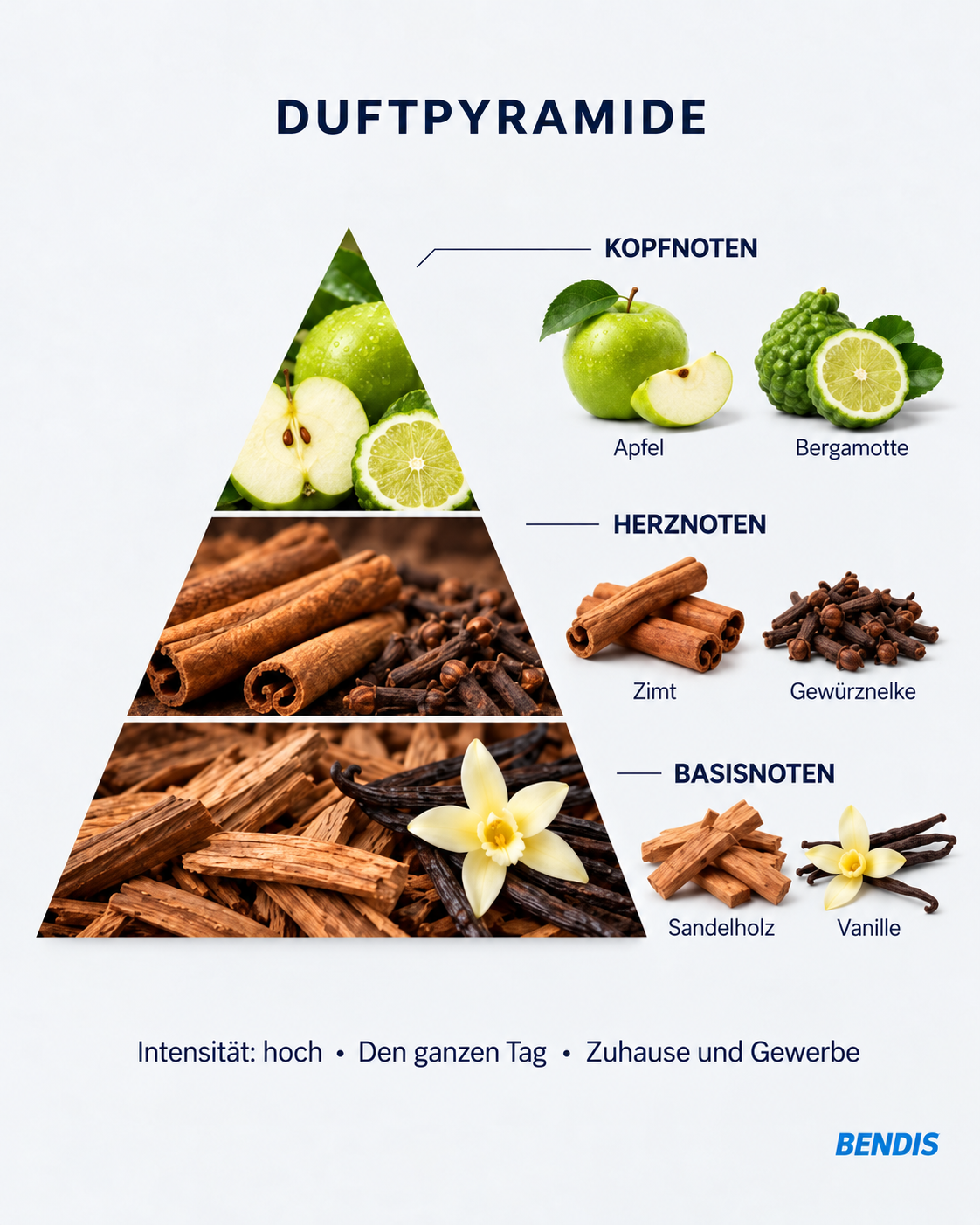 Pyramide olfactive du parfum BENDIS Nº4 boisé épicé : notes de tête pomme et bergamote, notes de cœur cannelle et clou de girofle, notes de fond santal et vanille