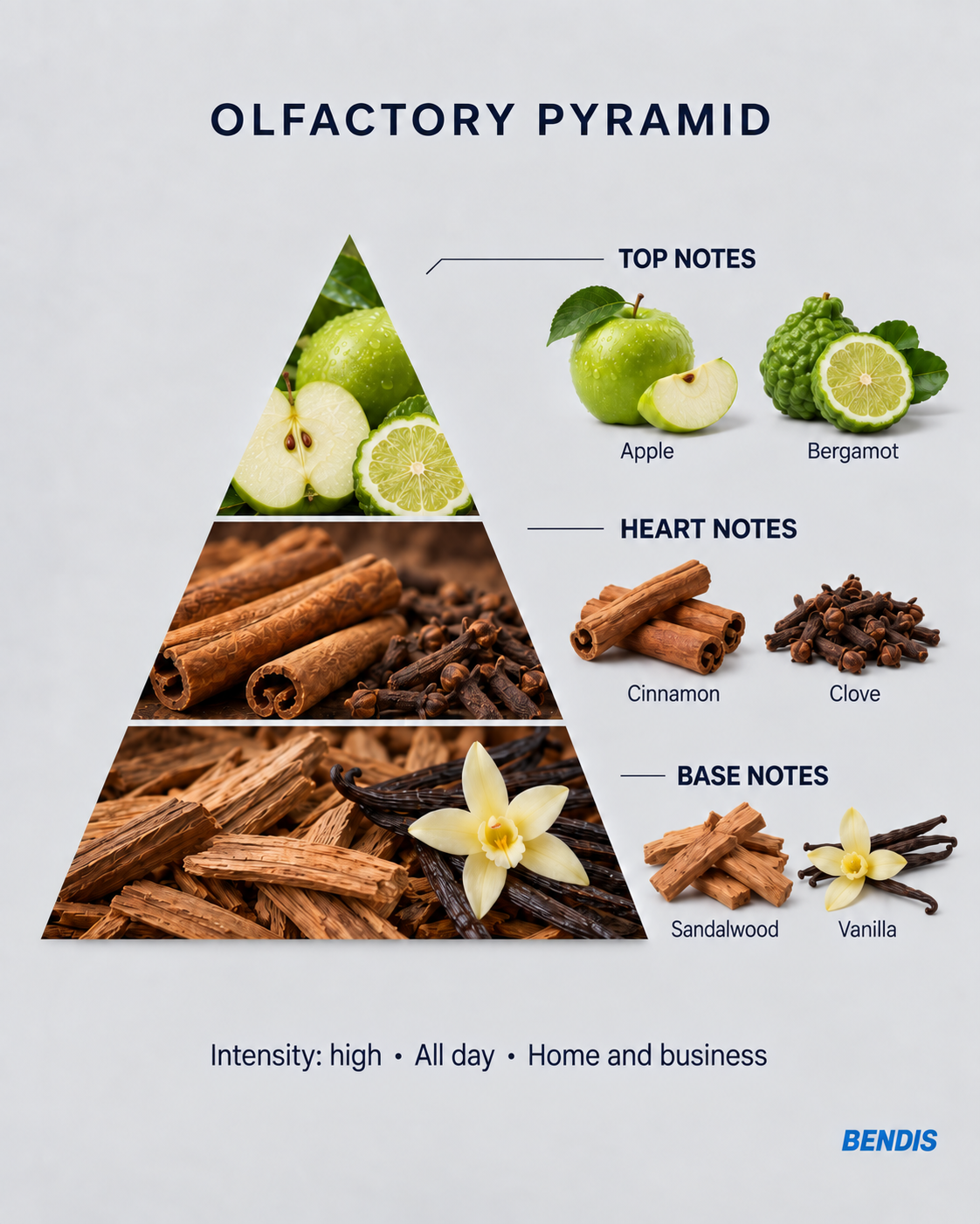 BENDIS No.4 spicy woody fragrance olfactory pyramid: top notes apple and bergamot, heart notes cinnamon and clove, base notes sandalwood and vanilla