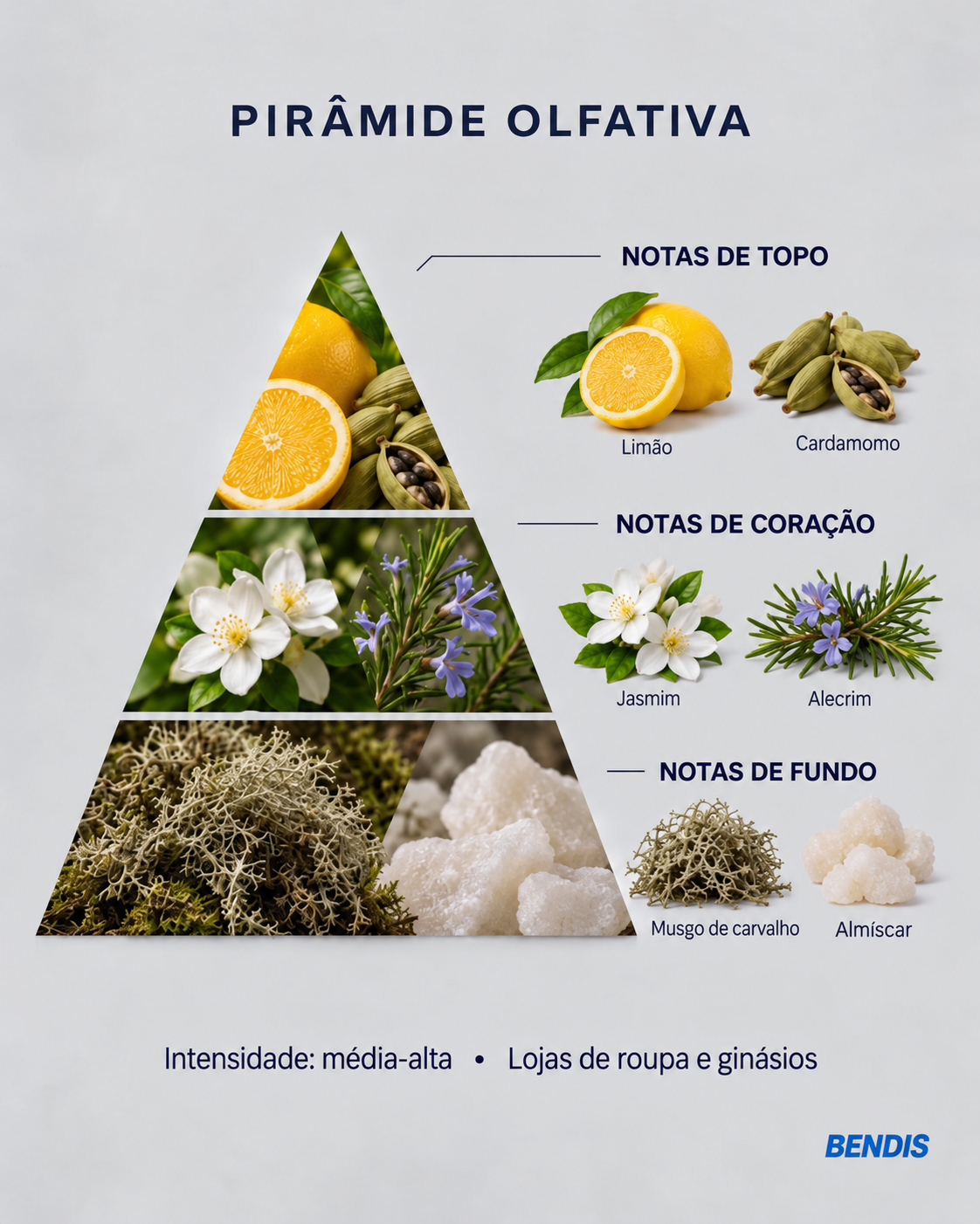 Pyramide olfactive du parfum BENDIS Nº6 aromatique boisé : notes de tête citron et cardamome, notes de cœur jasmin et romarin, notes de fond mousse de chêne et musc