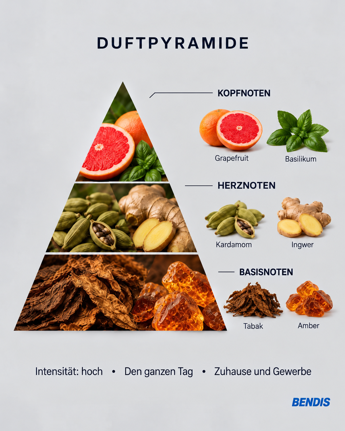 Pyramide olfactive du parfum BENDIS Nº7 boisé épicé : notes de tête pamplemousse et basilic, notes de cœur cardamome et gingembre, notes de fond tabac et ambre
