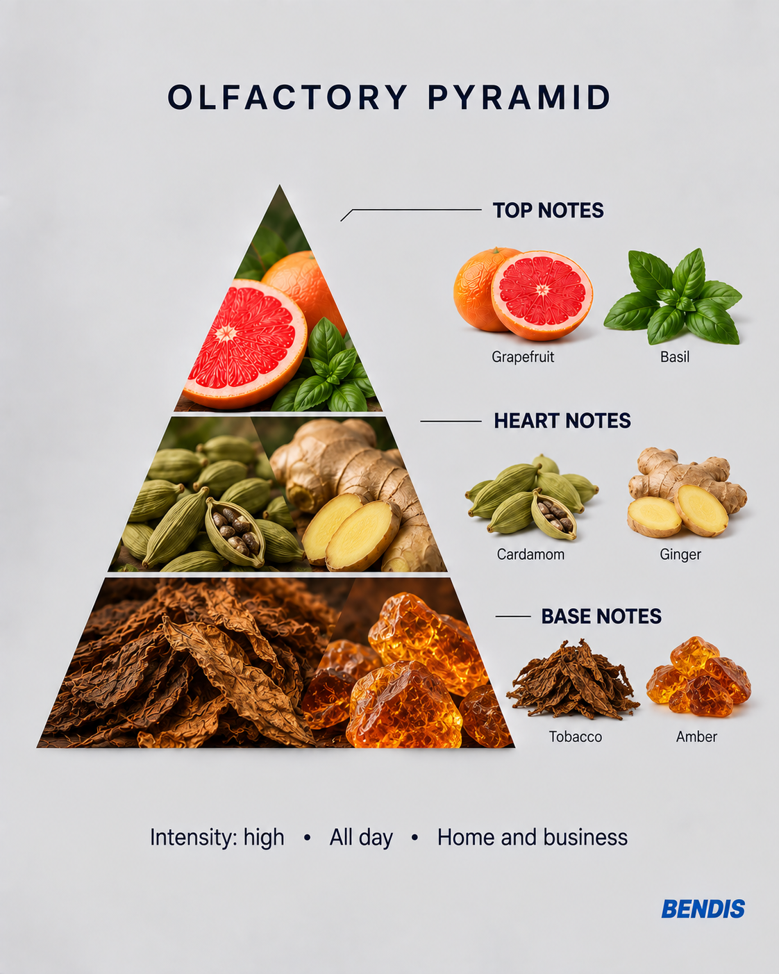 BENDIS No.7 spicy woody fragrance olfactory pyramid: top notes grapefruit and basil, heart notes cardamom and ginger, base notes tobacco and amber