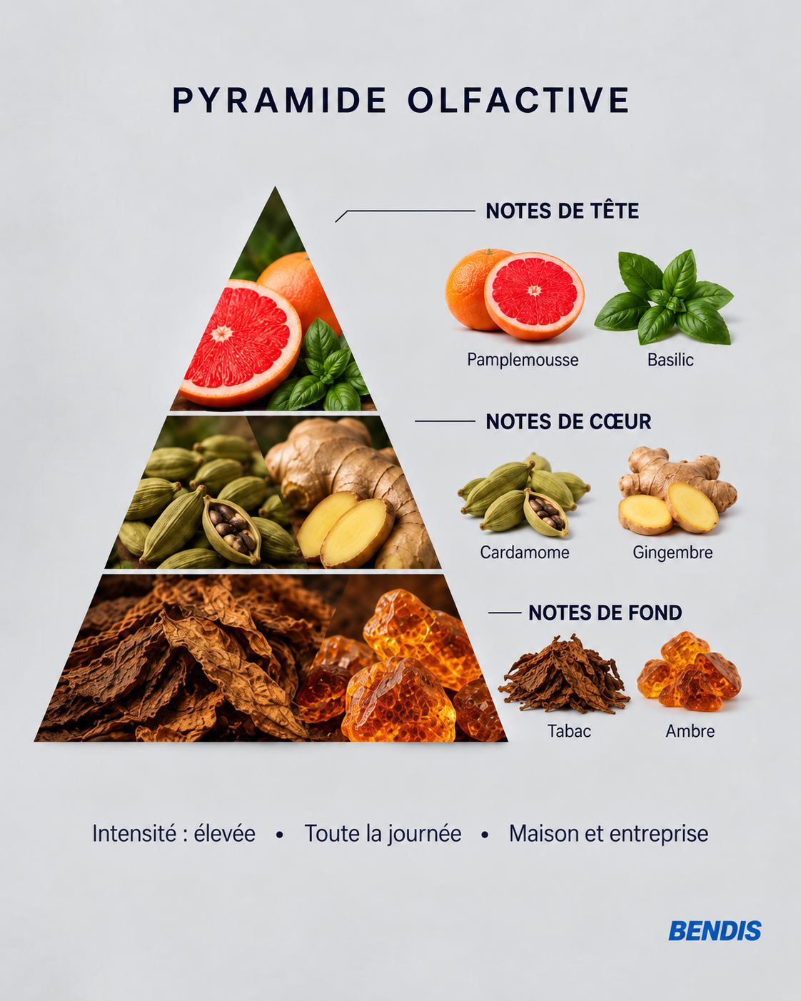 Pyramide olfactive du parfum BENDIS Nº7 boisé épicé : notes de tête pamplemousse et basilic, notes de cœur cardamome et gingembre, notes de fond tabac et ambre