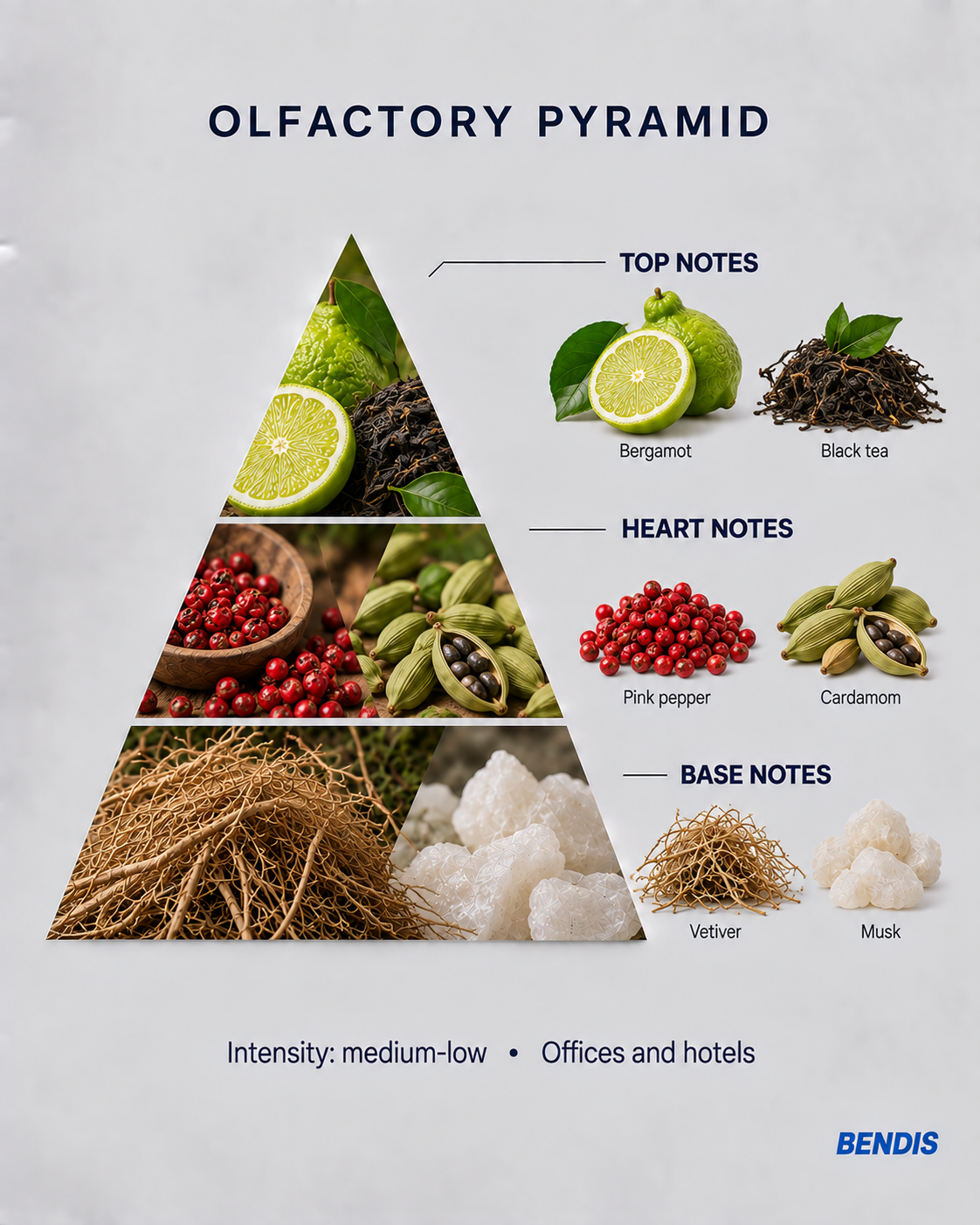 BENDIS No.8 elegant woody fragrance olfactory pyramid: top notes bergamot and black tea, heart notes pink pepper and cardamom, base notes vetiver and musk
