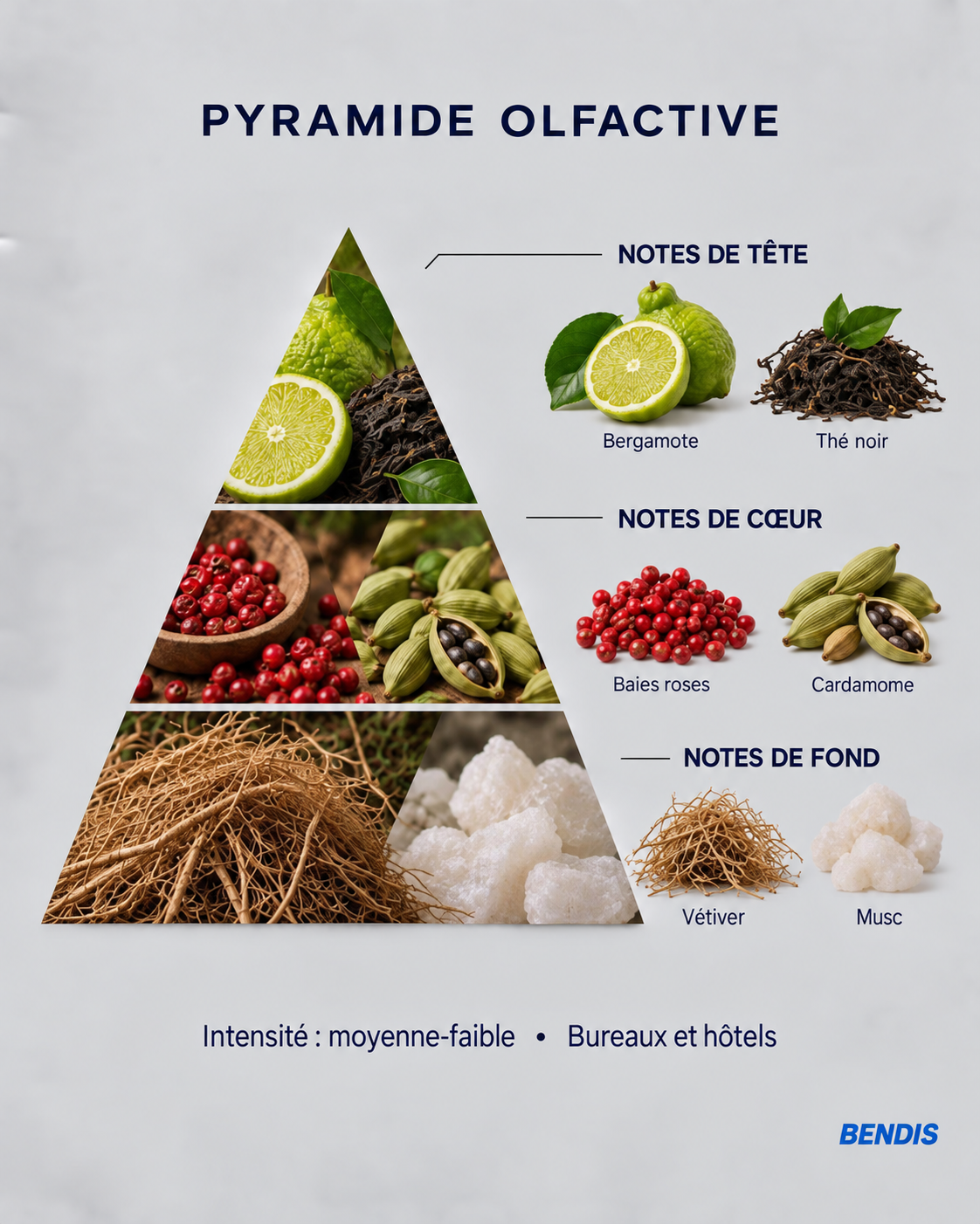 Pyramide olfactive du parfum BENDIS Nº8 boisé élégant : notes de tête bergamote et thé noir, notes de cœur baies roses et cardamome, notes de fond vétiver et musc