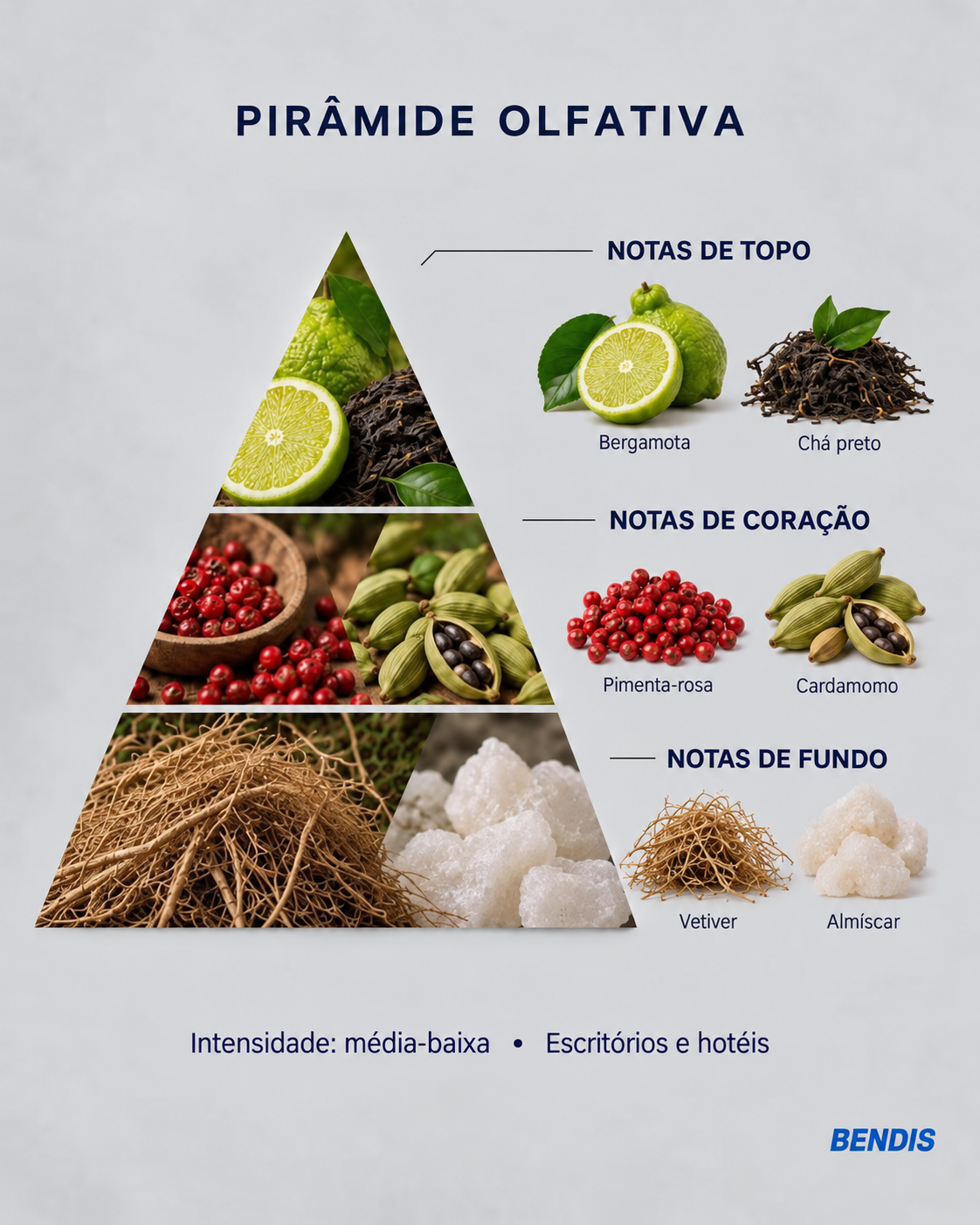 Pyramide olfactive du parfum BENDIS Nº8 boisé élégant : notes de tête bergamote et thé noir, notes de cœur baies roses et cardamome, notes de fond vétiver et musc