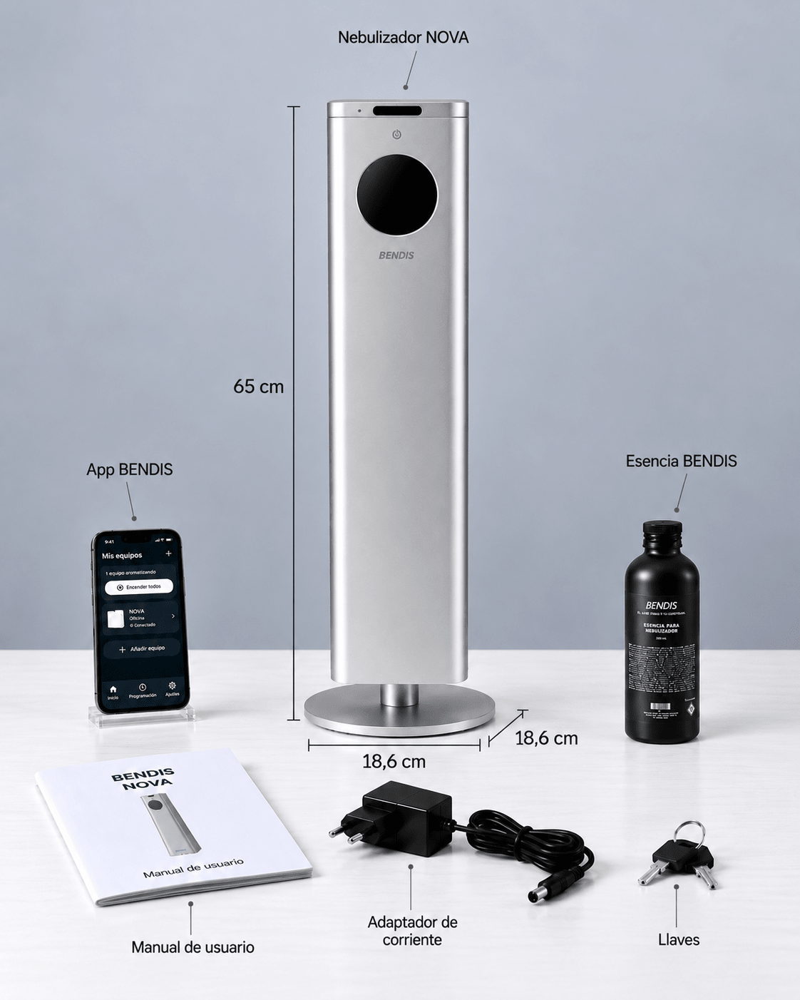Contenido y medidas del difusor BENDIS NOVA: difusor, esencia y accesorios