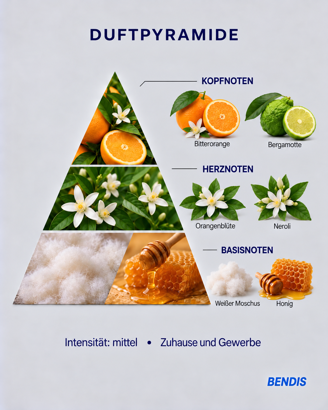 Pyramide olfactive du parfum BENDIS Fleur d'oranger : notes de tête orange amère et bergamote, notes de cœur fleur d'oranger et néroli, notes de fond musc blanc et miel