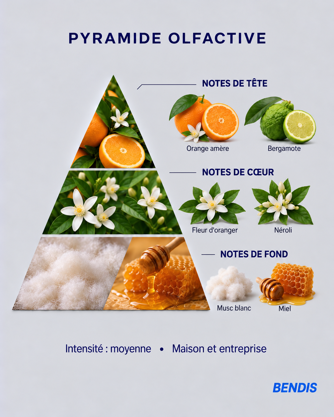 Pyramide olfactive du parfum BENDIS Fleur d'oranger : notes de tête orange amère et bergamote, notes de cœur fleur d'oranger et néroli, notes de fond musc blanc et miel
