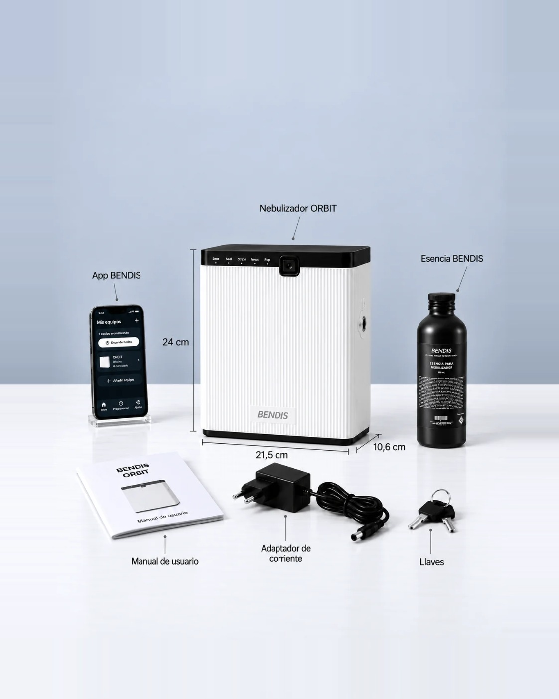 Contenido de la caja del difusor BENDIS ORBIT: difusor, esencia y accesorios