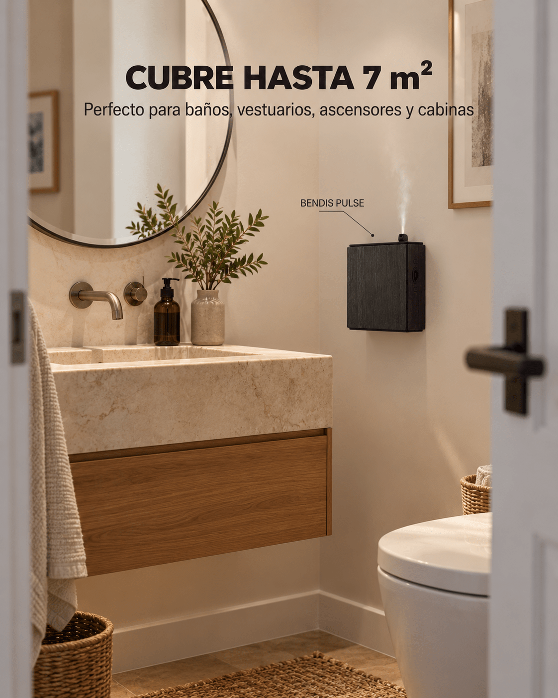 El difusor BENDIS PULSE aromatiza hasta 7 m², ideal para baños y aseos