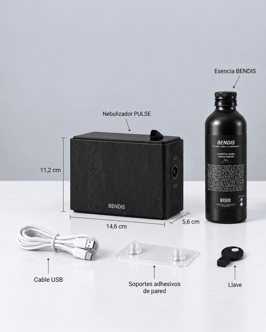 Contenido de la caja del difusor BENDIS PULSE: difusor, esencia y accesorios