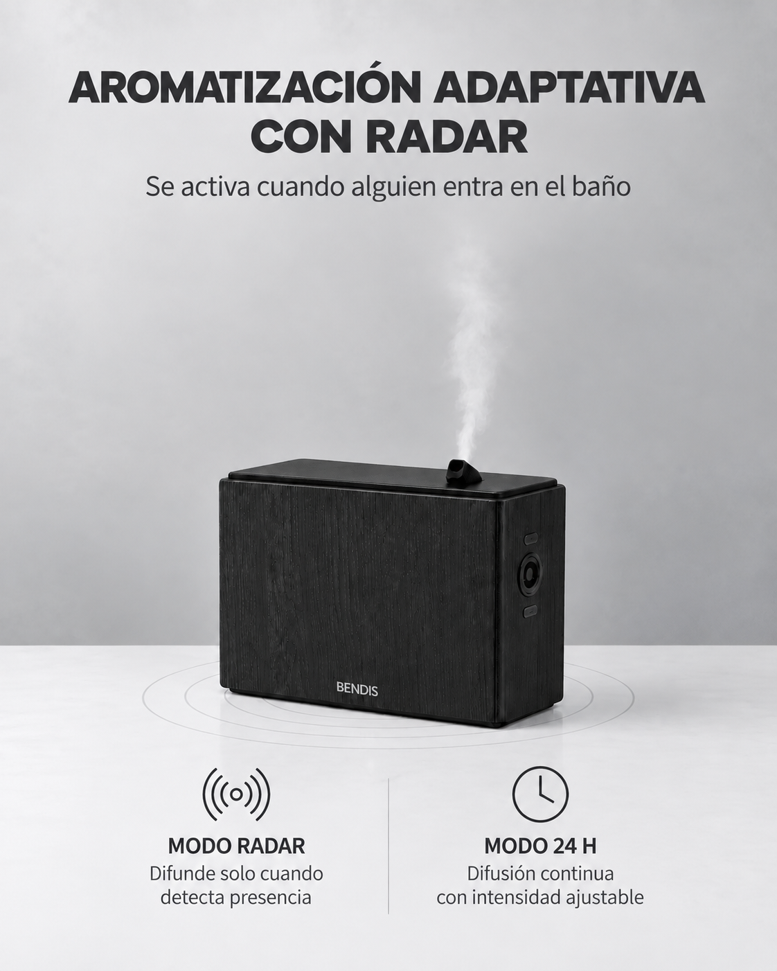 Modo radar y modo 24 h del difusor BENDIS PULSE: se activa cuando alguien entra en el baño