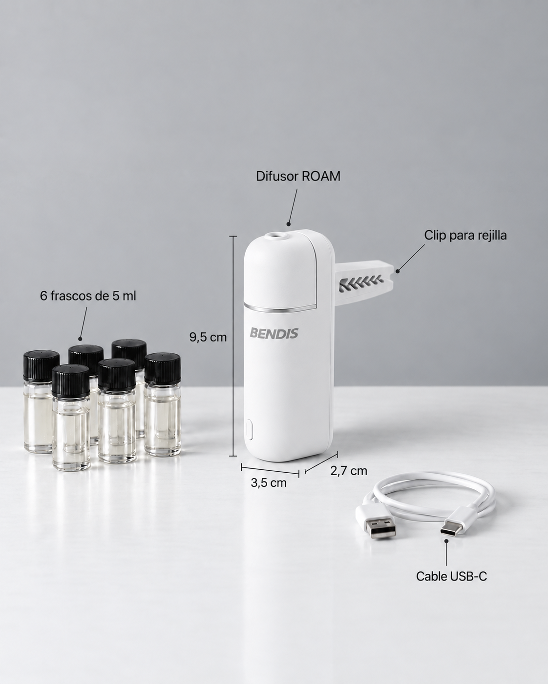 Contenido y medidas del difusor BENDIS ROAM (9,5 x 3,5 x 2,7 cm): difusor con clip para rejilla, 6 frascos de 5 ml y cable USB-C