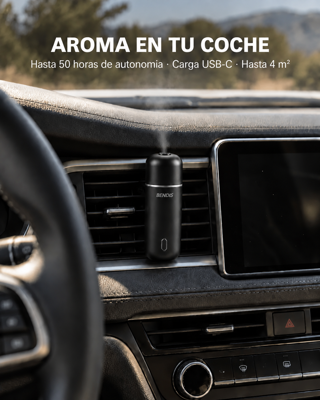 Difusor portátil BENDIS ROAM en la rejilla del coche: hasta 50 horas de autonomía, carga USB-C y cobertura de hasta 4 m²