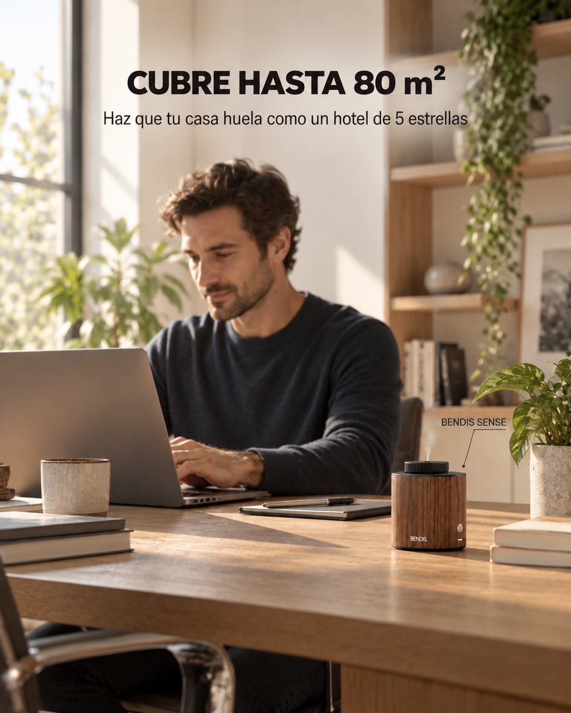 El difusor BENDIS SENSE aromatiza hasta 80 m², aquí en el despacho de casa