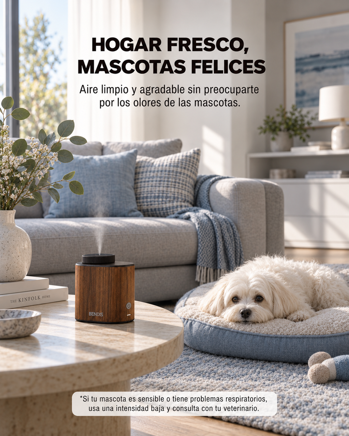 Difusor BENDIS SENSE en casa con perro: aroma limpio en hogares con mascotas