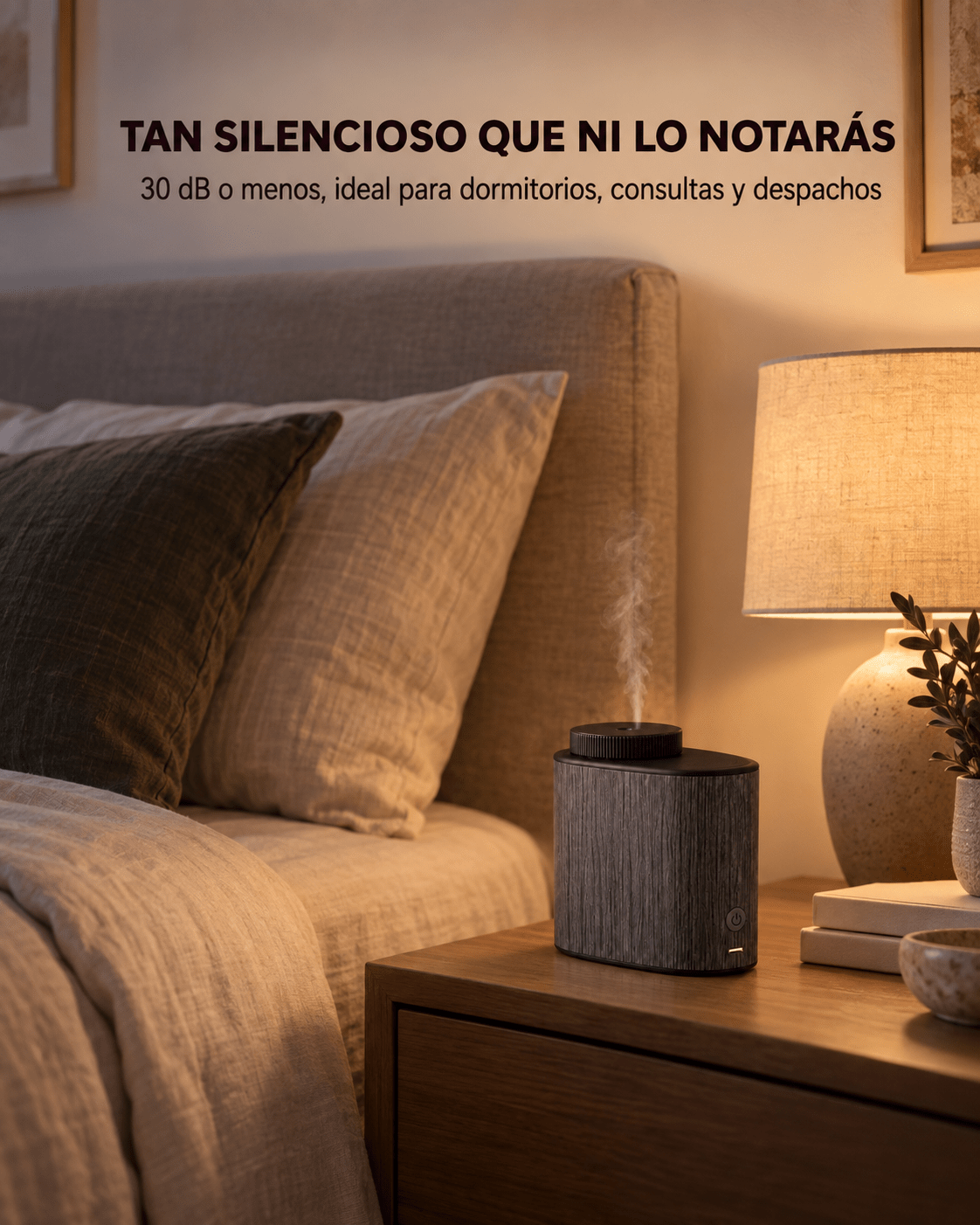 Difusor BENDIS SENSE silencioso en la mesilla del dormitorio