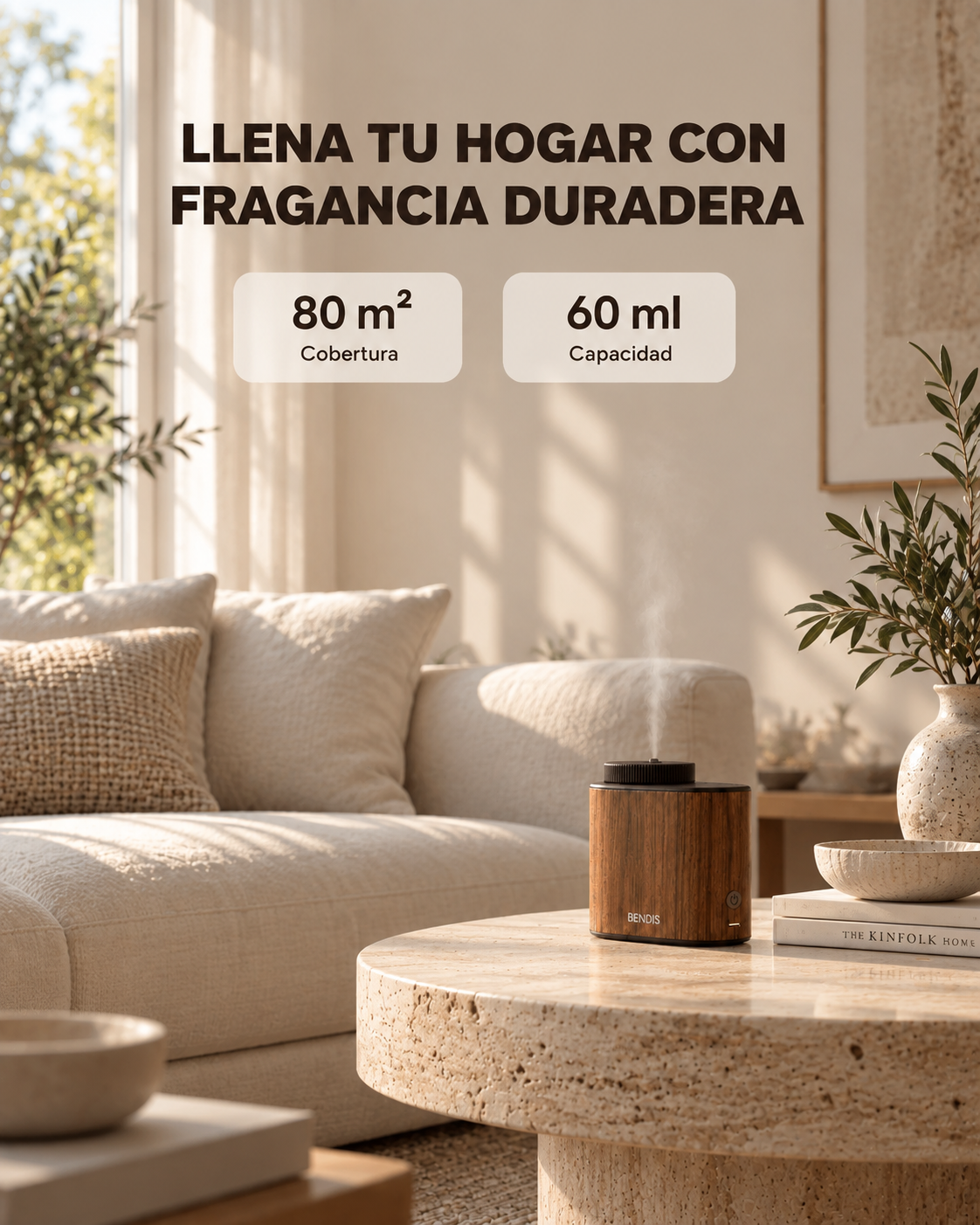 Difusor BENDIS SENSE de nogal en un salón nórdico: 80 m² de cobertura y 60 ml de capacidad