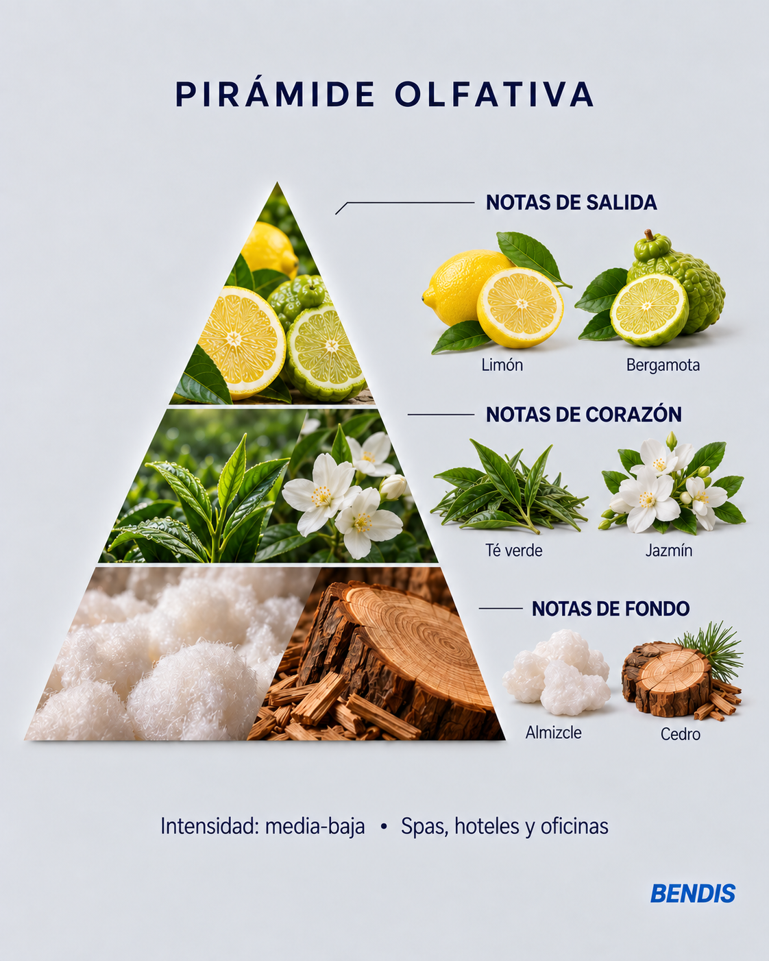 Pirámide olfativa de la fragancia BENDIS Té verde: notas de salida limón y bergamota, corazón té verde y jazmín, fondo almizcle y cedro