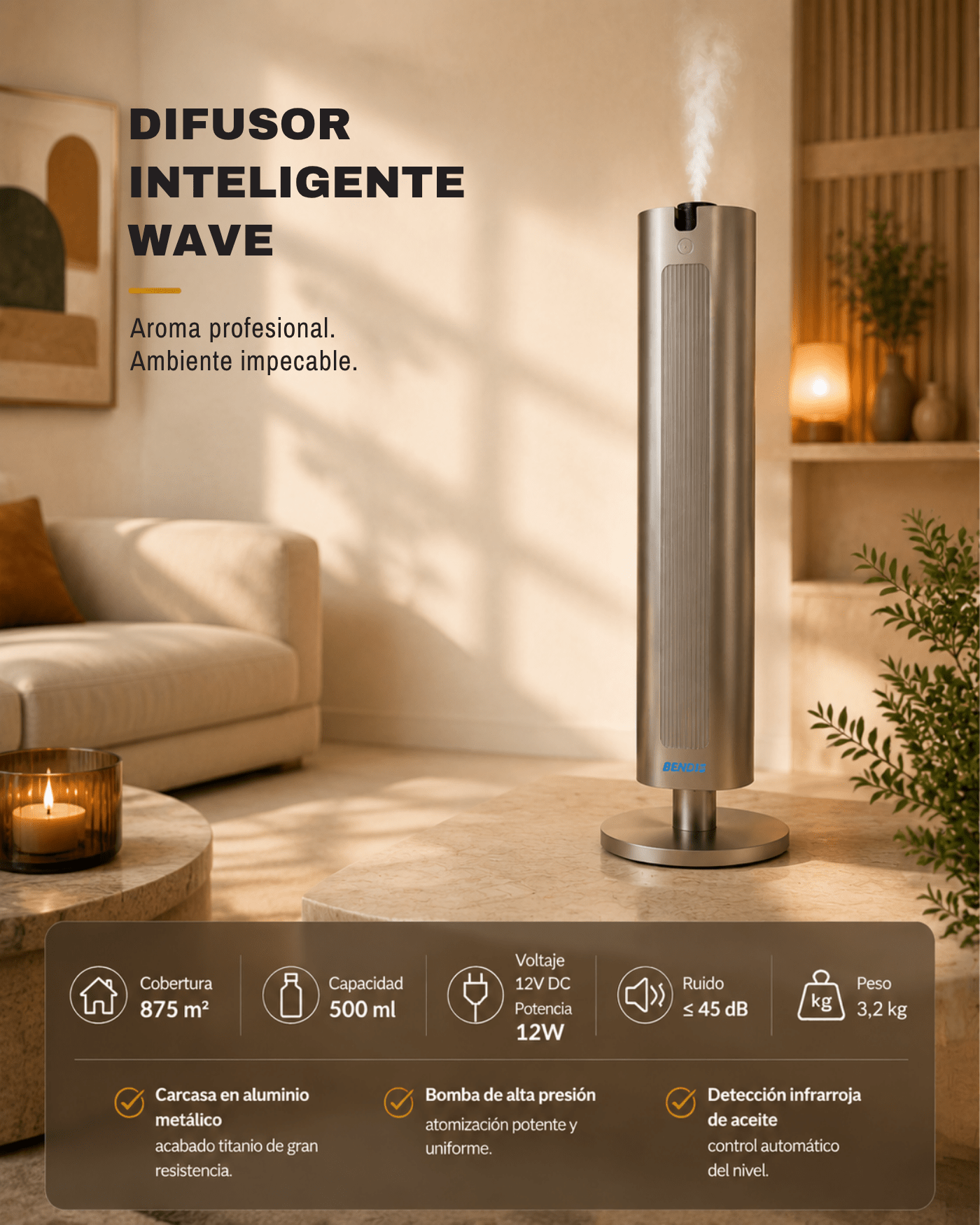 Difusor de aroma BENDIS WAVE – Dimensiones técnicas | Difusor industrial para espacios hasta 875 m²