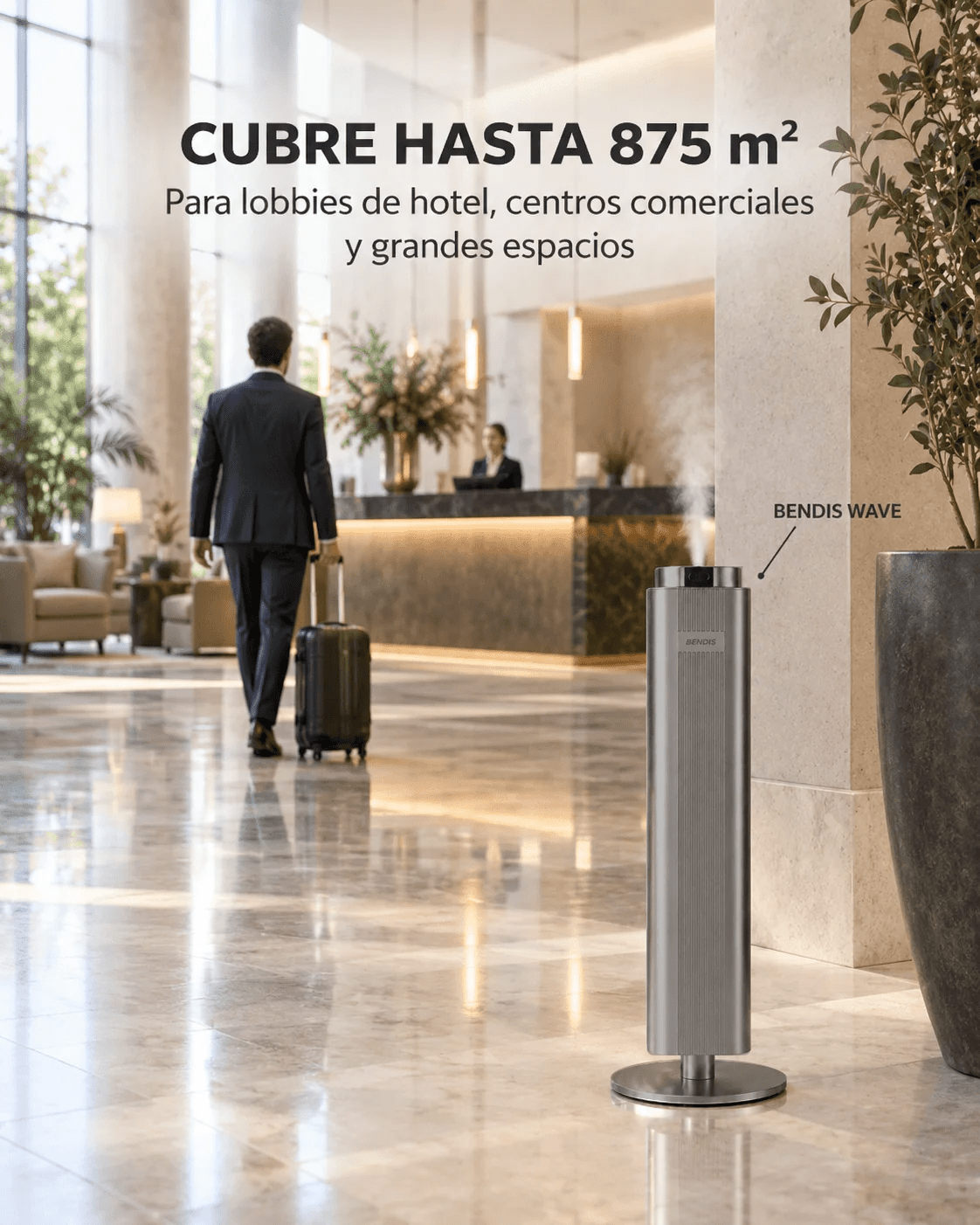 The BENDIS WAVE diffuser scents up to 875 m² in a hotel lobby