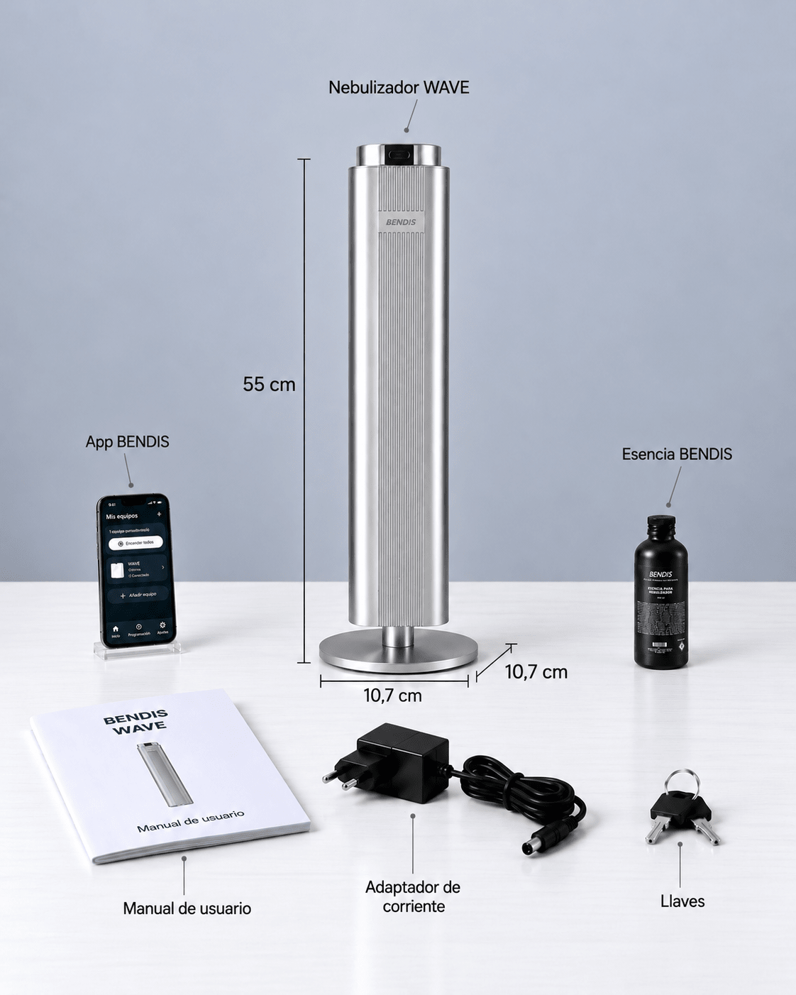 Contenido y medidas del difusor BENDIS WAVE: difusor, esencia y accesorios