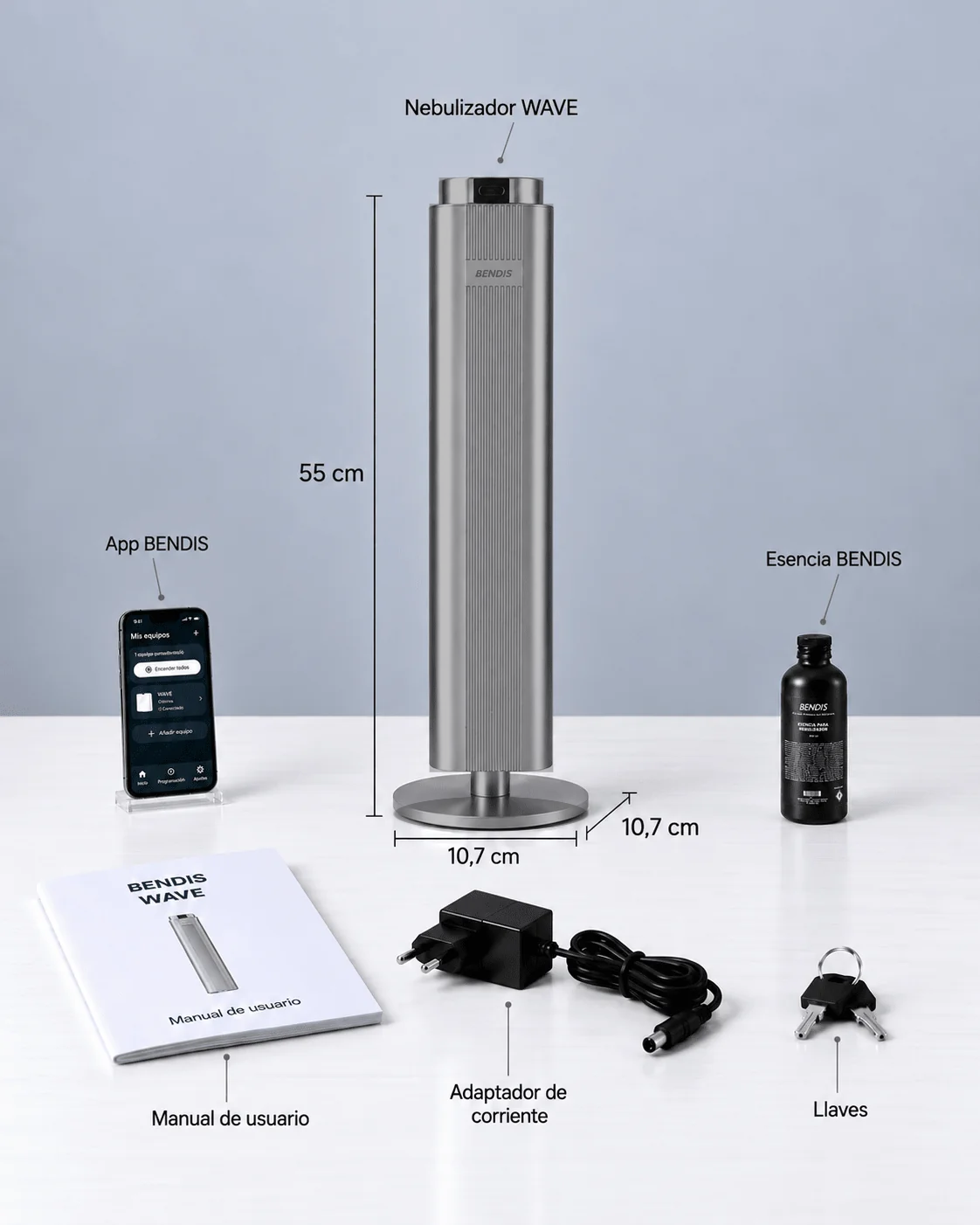 Contenido y medidas del difusor BENDIS WAVE: difusor, esencia y accesorios