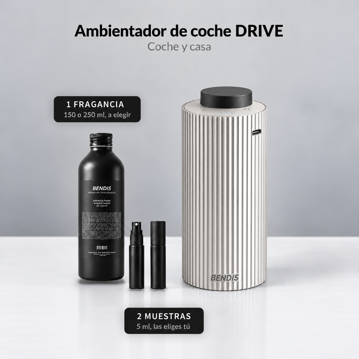 Pack ambientador de coche BENDIS DRIVE plata con fragancia de 150 o 250 ml y 2 muestras gratis