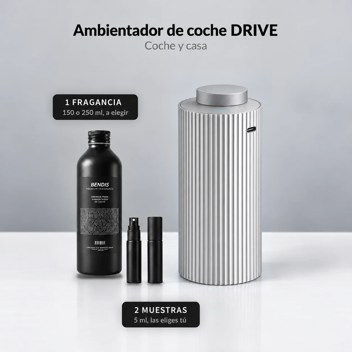 Pack ambientador de coche BENDIS DRIVE plata con fragancia de 150 o 250 ml y 2 muestras gratis