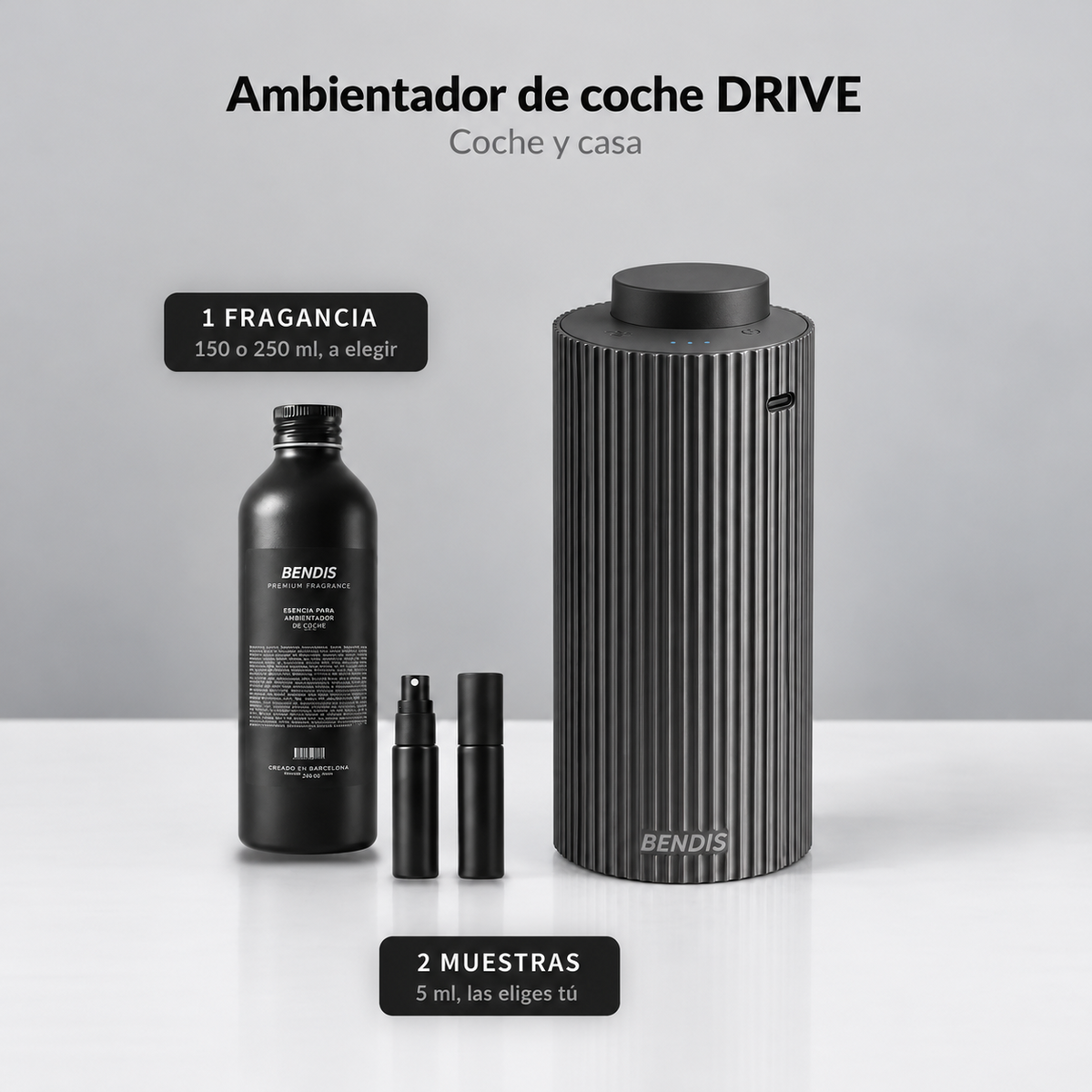 Pack ambientador de coche BENDIS DRIVE titanio con fragancia de 150 o 250 ml y 2 muestras gratis
