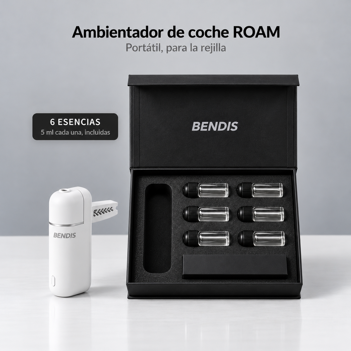 Pack ambientador de coche BENDIS ROAM blanco con sus 6 esencias de 5 ml incluidas