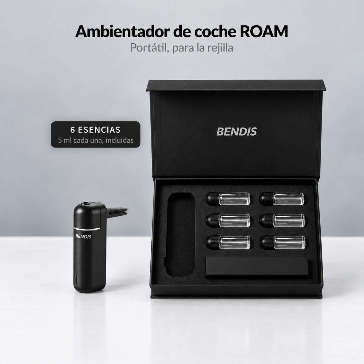 Pack ambientador de coche BENDIS ROAM negro con sus 6 esencias de 5 ml incluidas