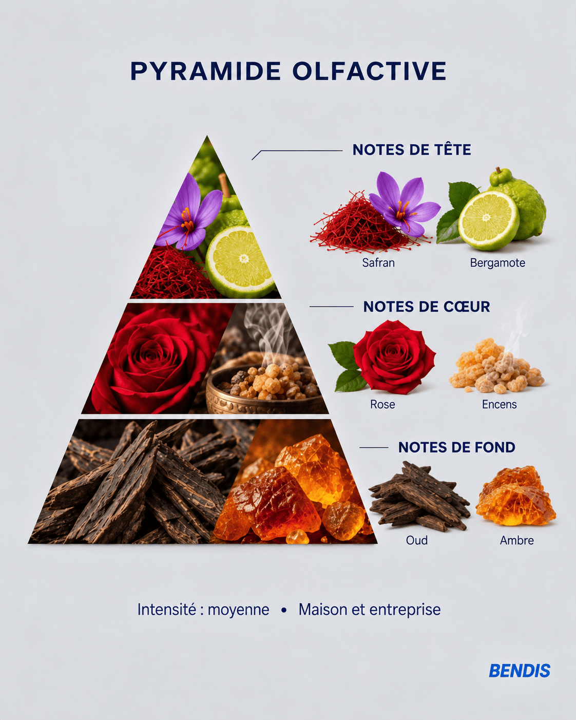 Olfactory pyramid of the BENDIS Nº12 oriental amber fragrance: top notes saffron and bergamot, heart notes rose and incense, base notes oud and amber
