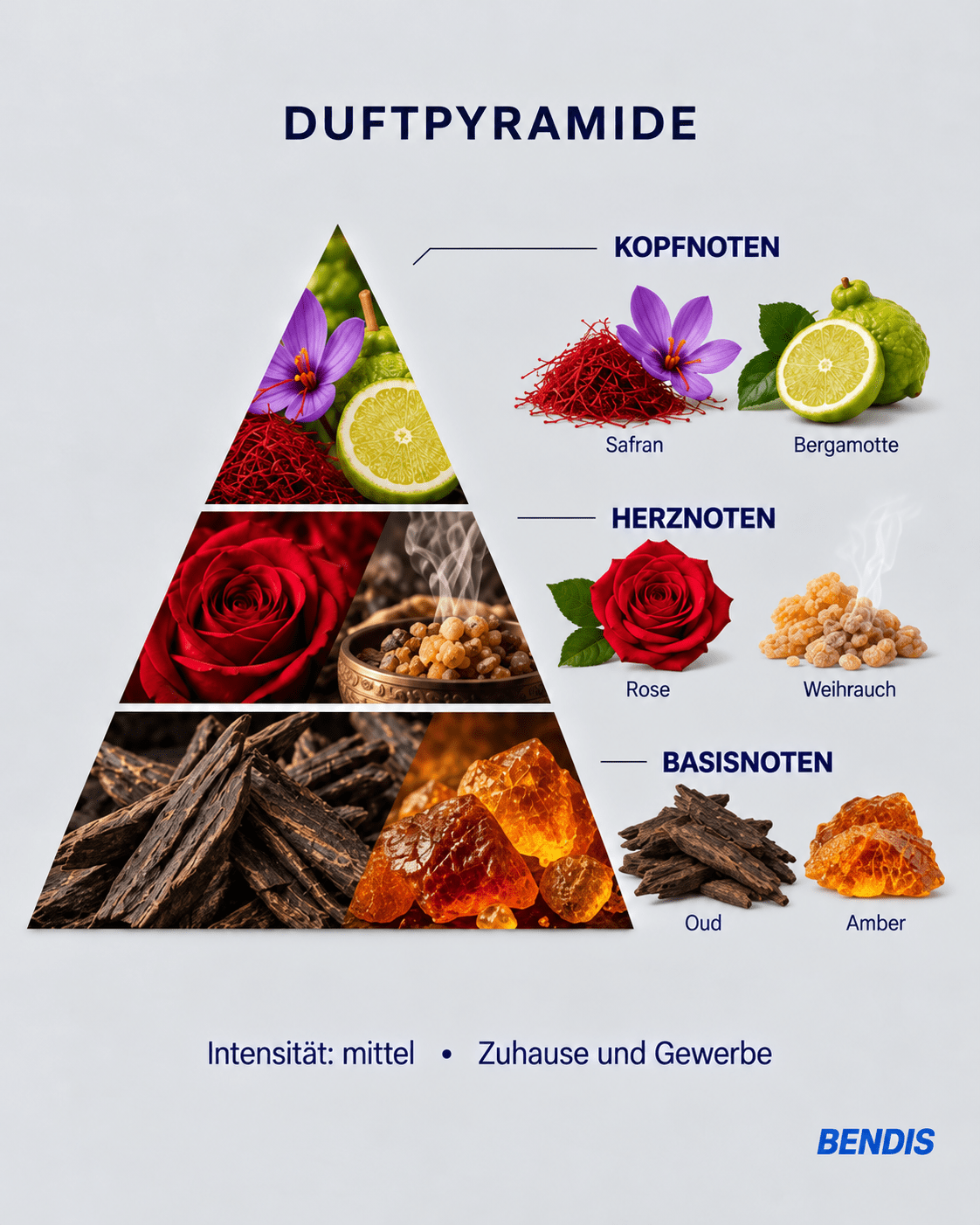 Olfactory pyramid of the BENDIS Nº12 oriental amber fragrance: top notes saffron and bergamot, heart notes rose and incense, base notes oud and amber