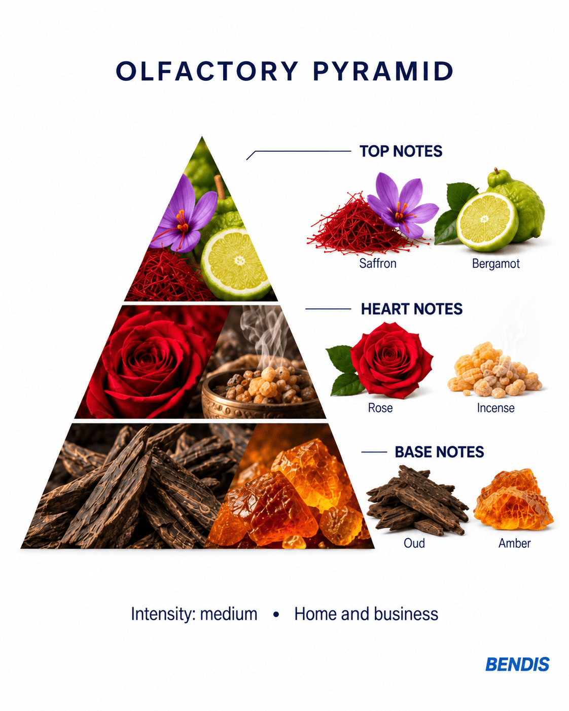 BENDIS No.12 oriental amber fragrance olfactory pyramid: top notes saffron and bergamot, heart notes rose and incense, base notes oud and amber