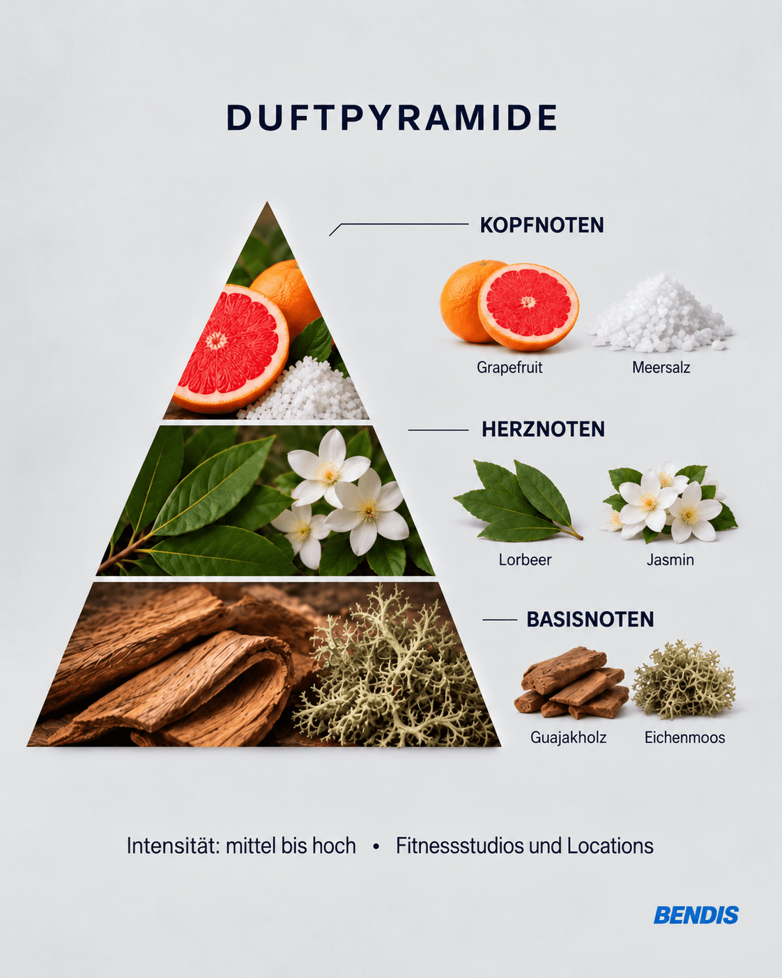 Olfactory pyramid of the BENDIS Nº14 aquatic woody fragrance: top notes grapefruit and sea salt, heart notes bay leaf and jasmine, base notes guaiac wood and oakmoss
