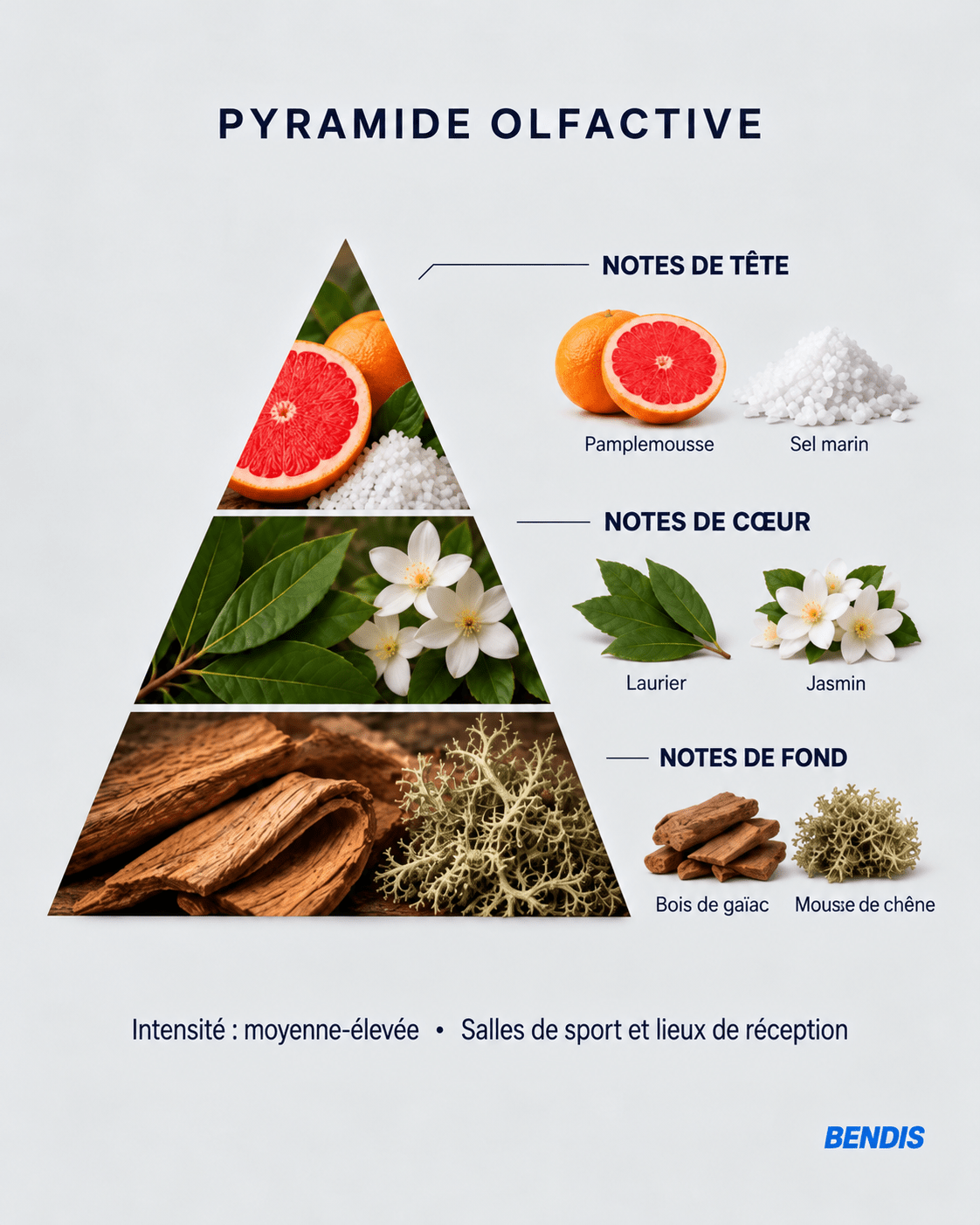 Olfactory pyramid of the BENDIS Nº14 aquatic woody fragrance: top notes grapefruit and sea salt, heart notes bay leaf and jasmine, base notes guaiac wood and oakmoss