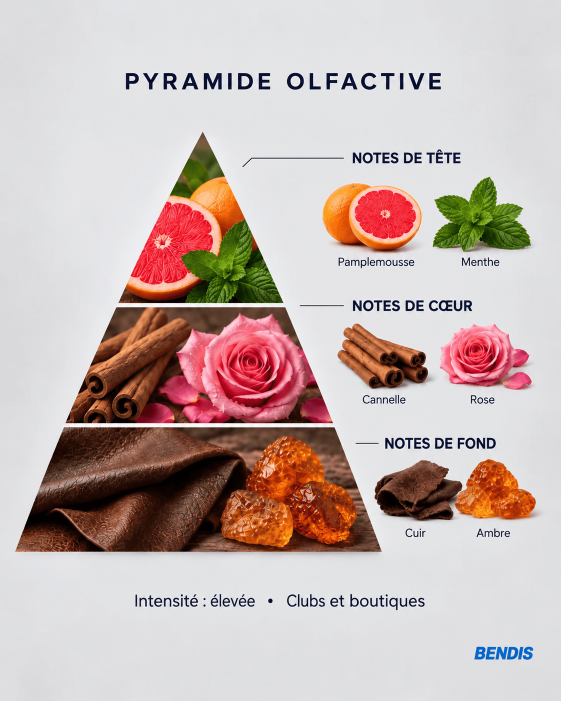 Olfactory pyramid of the BENDIS Nº19 sweet spicy woody fragrance: top notes grapefruit and mint, heart notes cinnamon and rose, base notes leather and amber