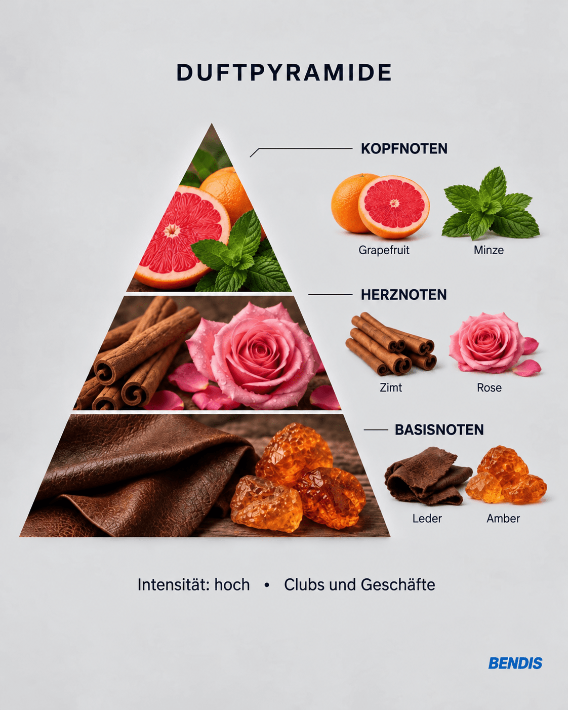 Olfactory pyramid of the BENDIS Nº19 sweet spicy woody fragrance: top notes grapefruit and mint, heart notes cinnamon and rose, base notes leather and amber