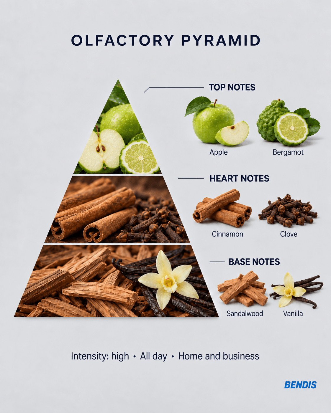 BENDIS No.4 spicy woody fragrance olfactory pyramid: top notes apple and bergamot, heart notes cinnamon and clove, base notes sandalwood and vanilla