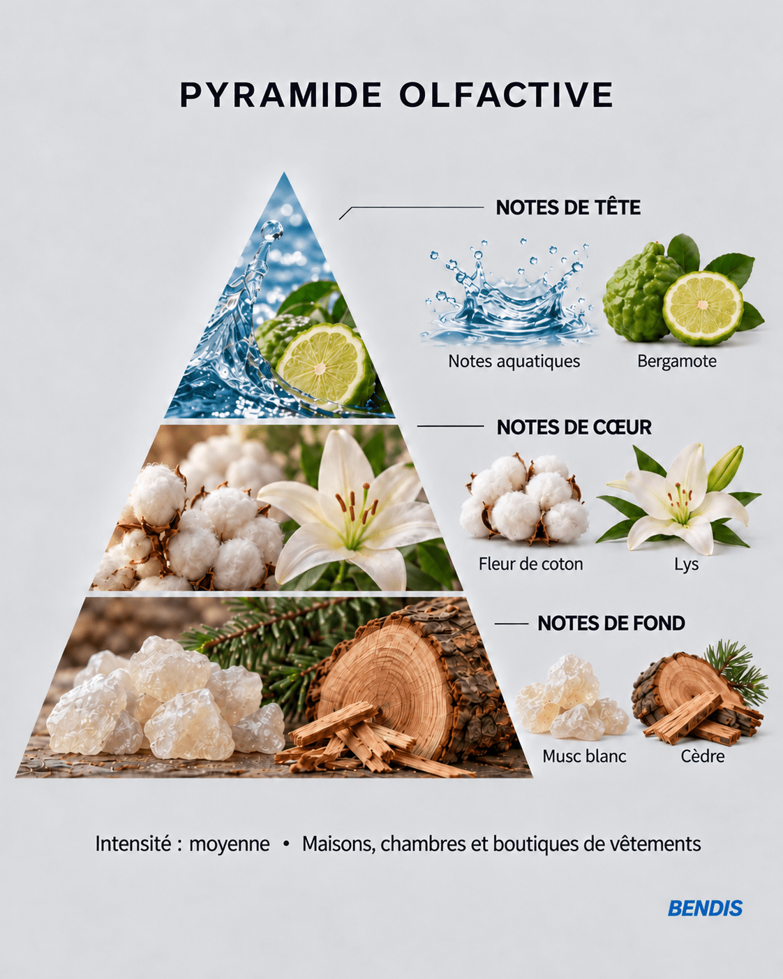 BENDIS Aqua clean laundry fragrance olfactory pyramid: top aquatic notes and bergamot, heart cotton flower and lily, base white musk and cedar