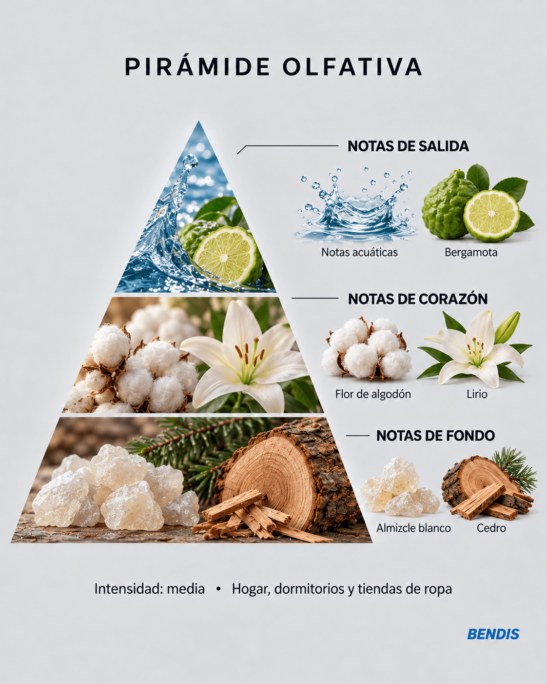 BENDIS Aqua clean laundry fragrance olfactory pyramid: top aquatic notes and bergamot, heart cotton flower and lily, base white musk and cedar