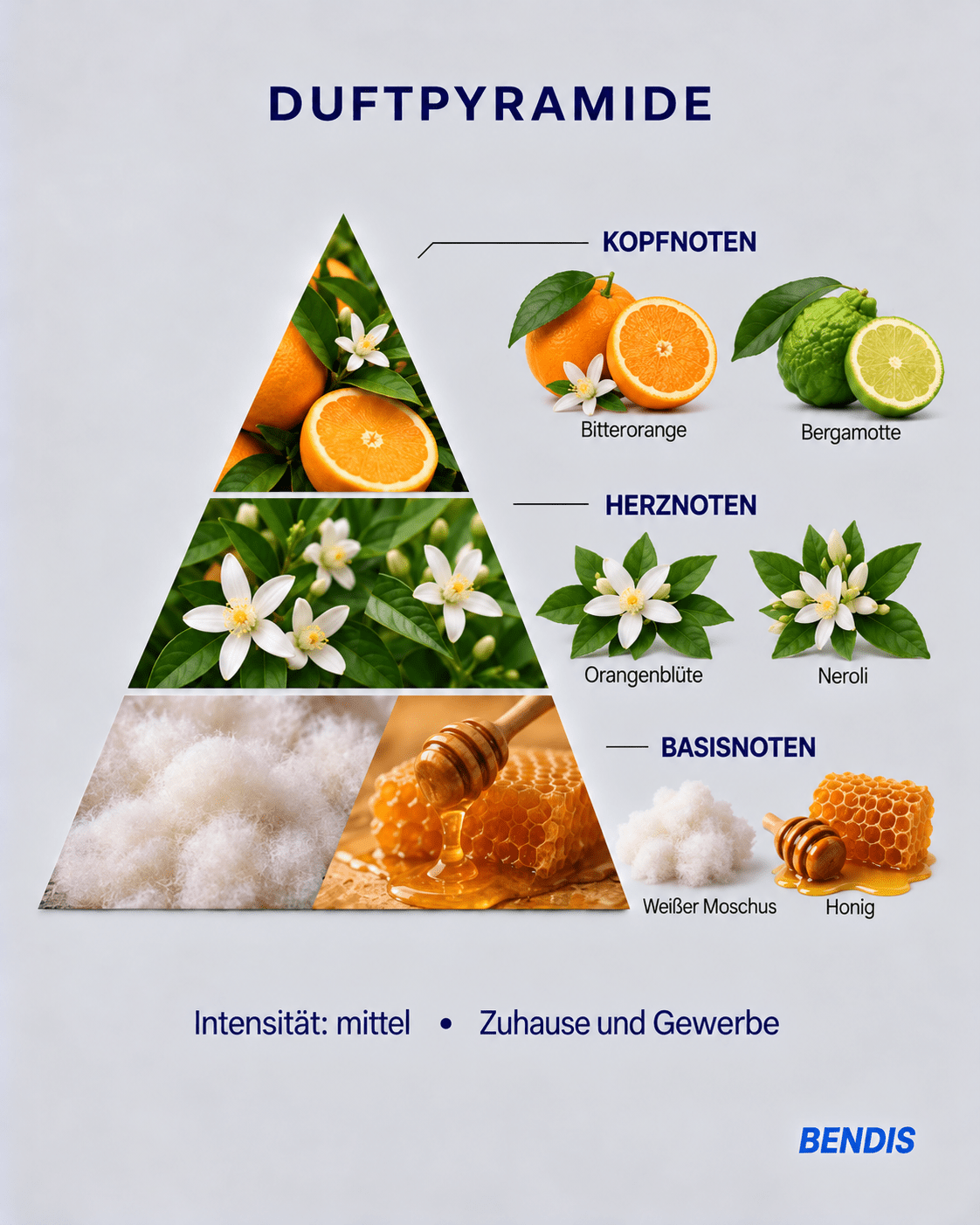 Olfactory pyramid of the BENDIS Orange Blossom fragrance: top notes bitter orange and bergamot, heart notes orange blossom and neroli, base notes white musk and honey