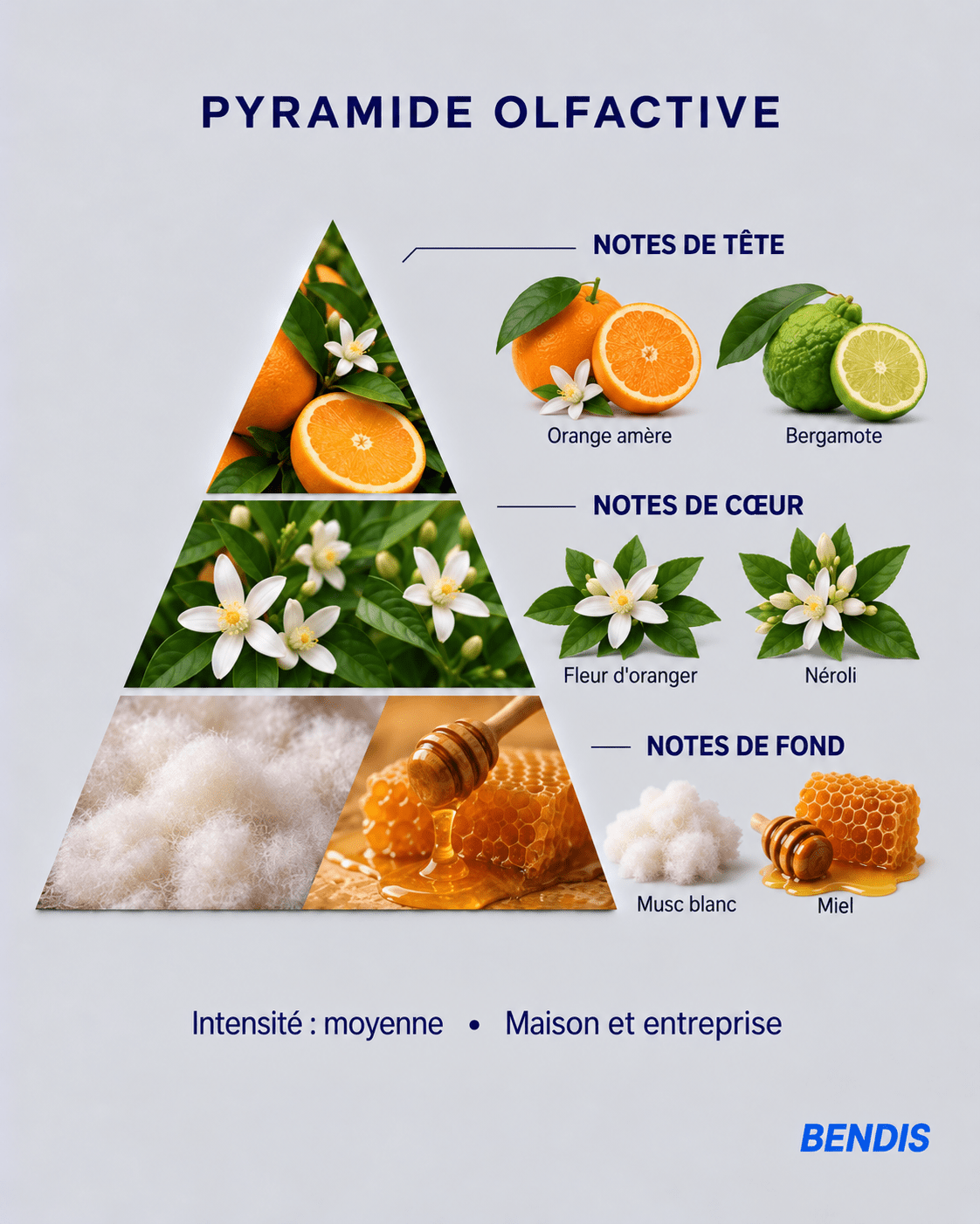 Olfactory pyramid of the BENDIS Orange Blossom fragrance: top notes bitter orange and bergamot, heart notes orange blossom and neroli, base notes white musk and honey