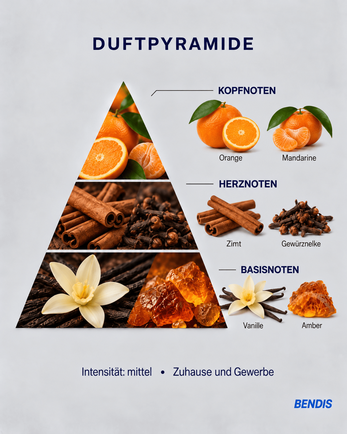 Olfactory pyramid of the BENDIS Cinnamon & Orange fragrance: top notes orange and mandarin, heart notes cinnamon and clove, base notes vanilla and amber