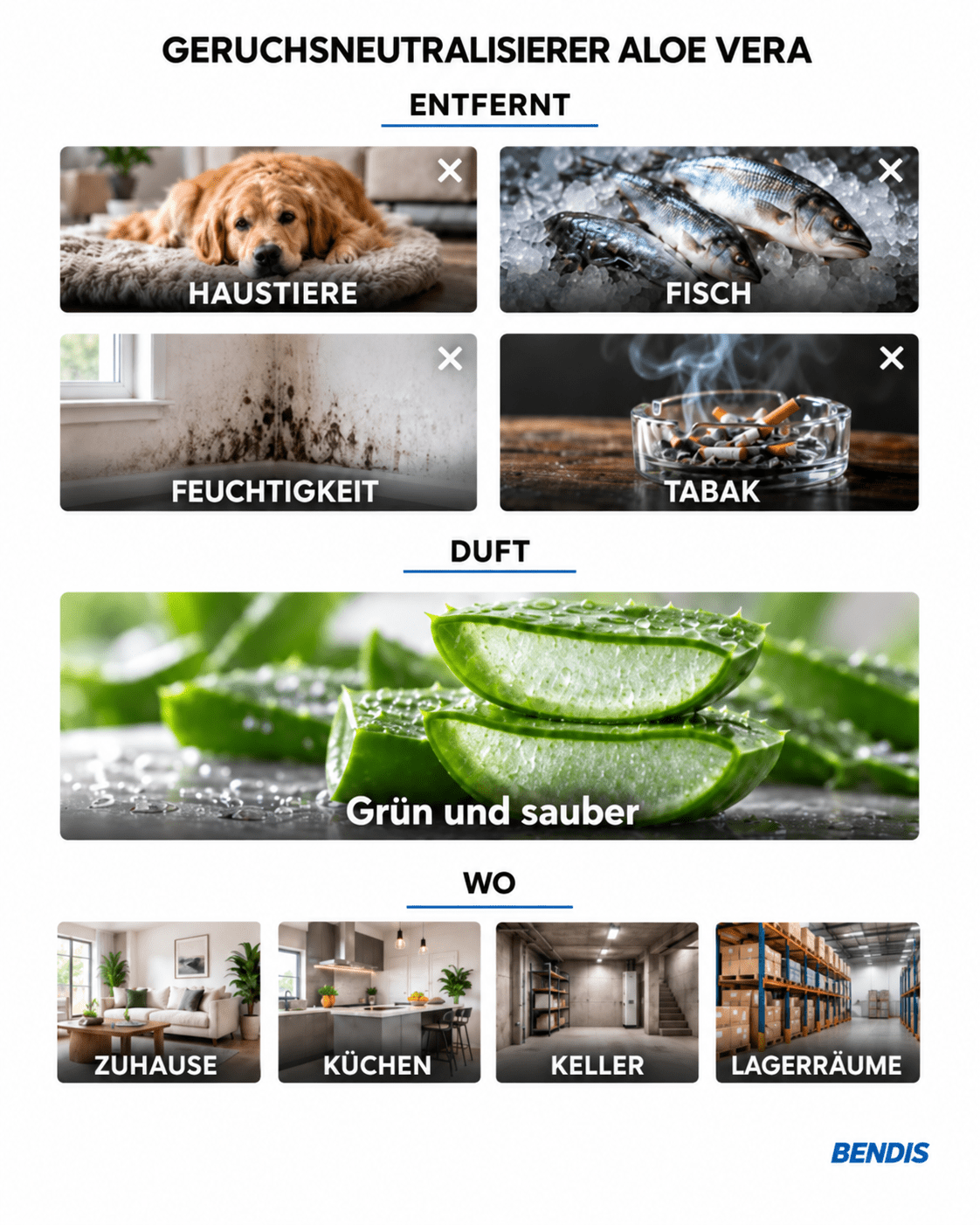 BENDIS Aloe Vera odour neutralizer: removes pet, fish, damp and tobacco odours and leaves a clean, green, discreet background. Ideal for homes with pets, kitchens, basements and warehouses.