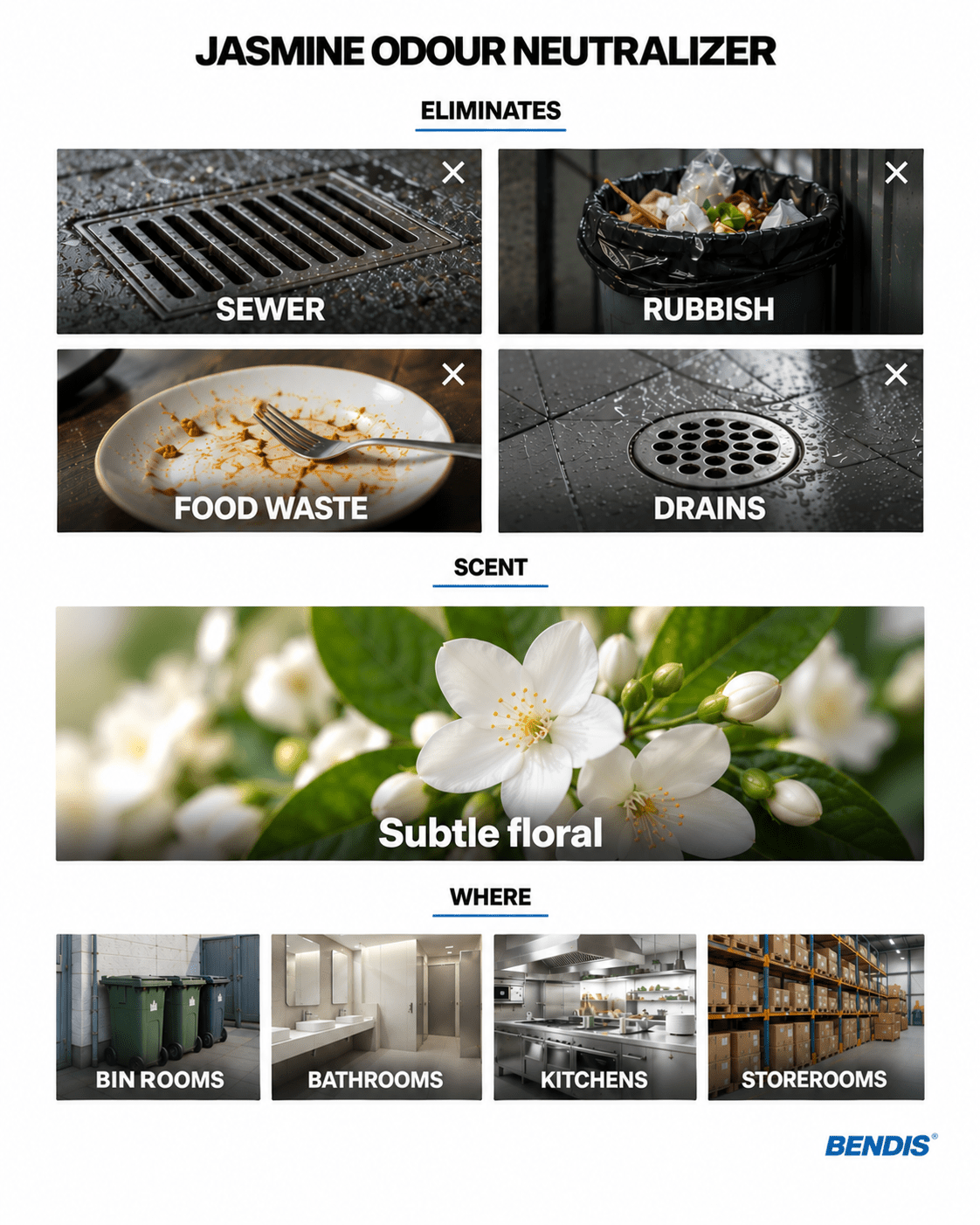 BENDIS Jasmine odour neutralizer: eliminates sewer, rubbish and food waste odours, leaving a clean, subtle floral scent. Ideal for bin rooms, bathrooms, restaurant kitchens and food storerooms.